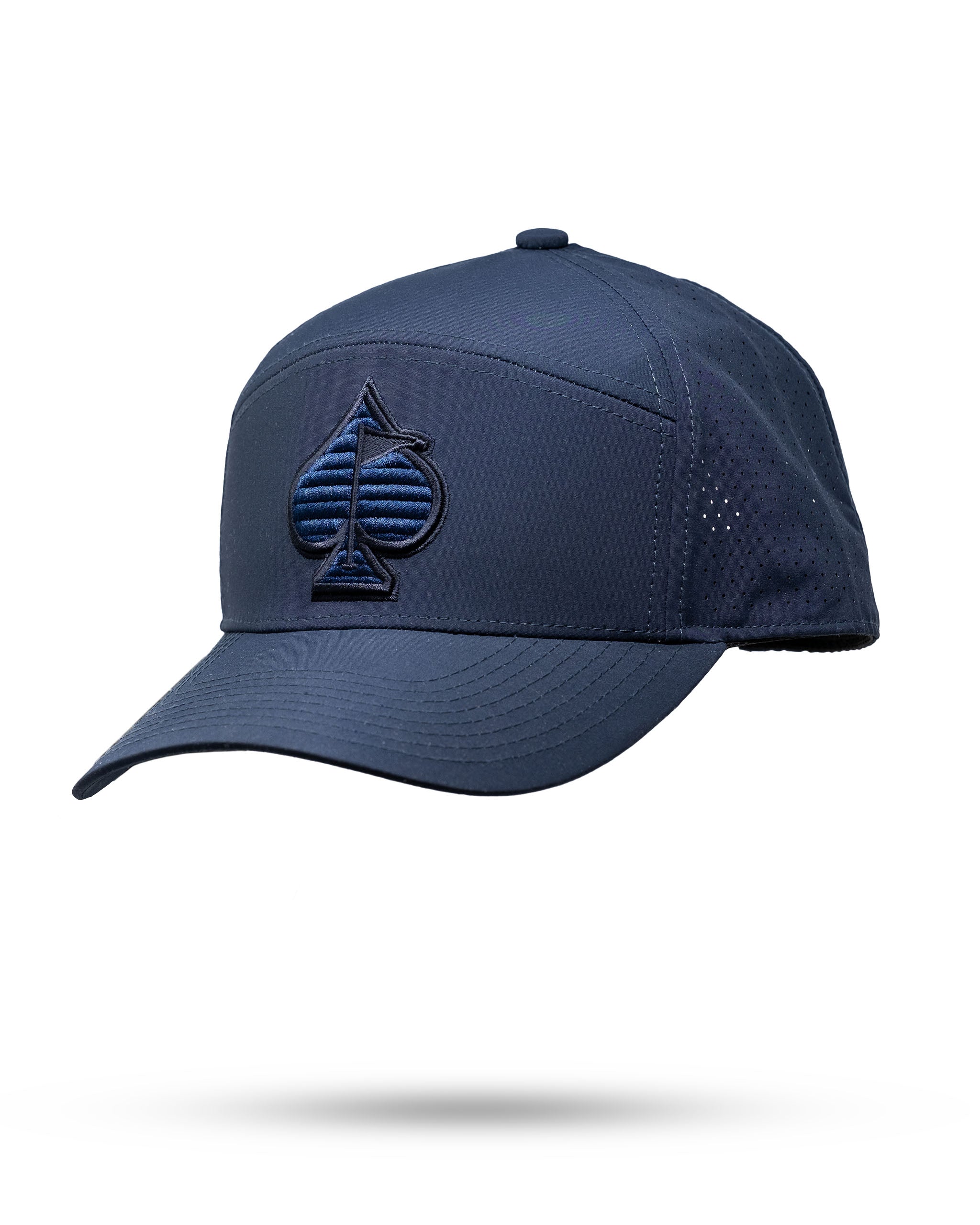 Navy Tradesman Hat with a rounded crown and wide brim, featuring a classic design and adjustable strap.