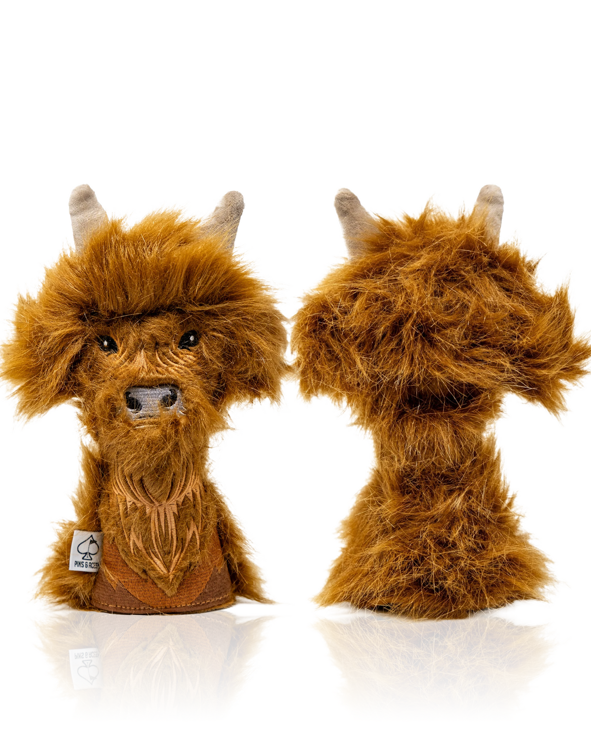 Highland cow hybrid headcover with a fluffy brown design, featuring detailed facial features and horns for golf clubs.