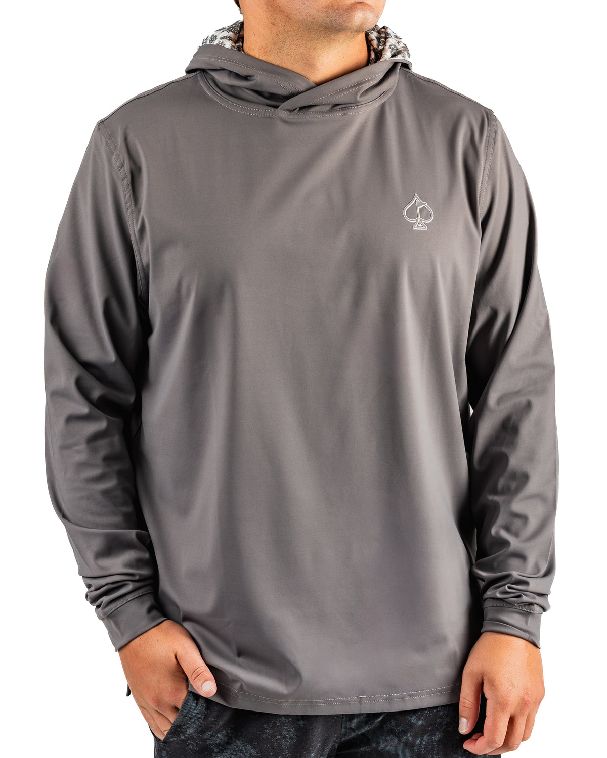 Men's performance golf hoodie in gray with a unique Hops & Barely design, featuring a stylish hood and logo.