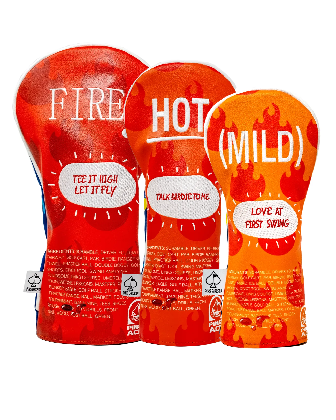 Bold hot sauce-themed headcover set featuring vibrant flame designs and playful phrases for golfers.