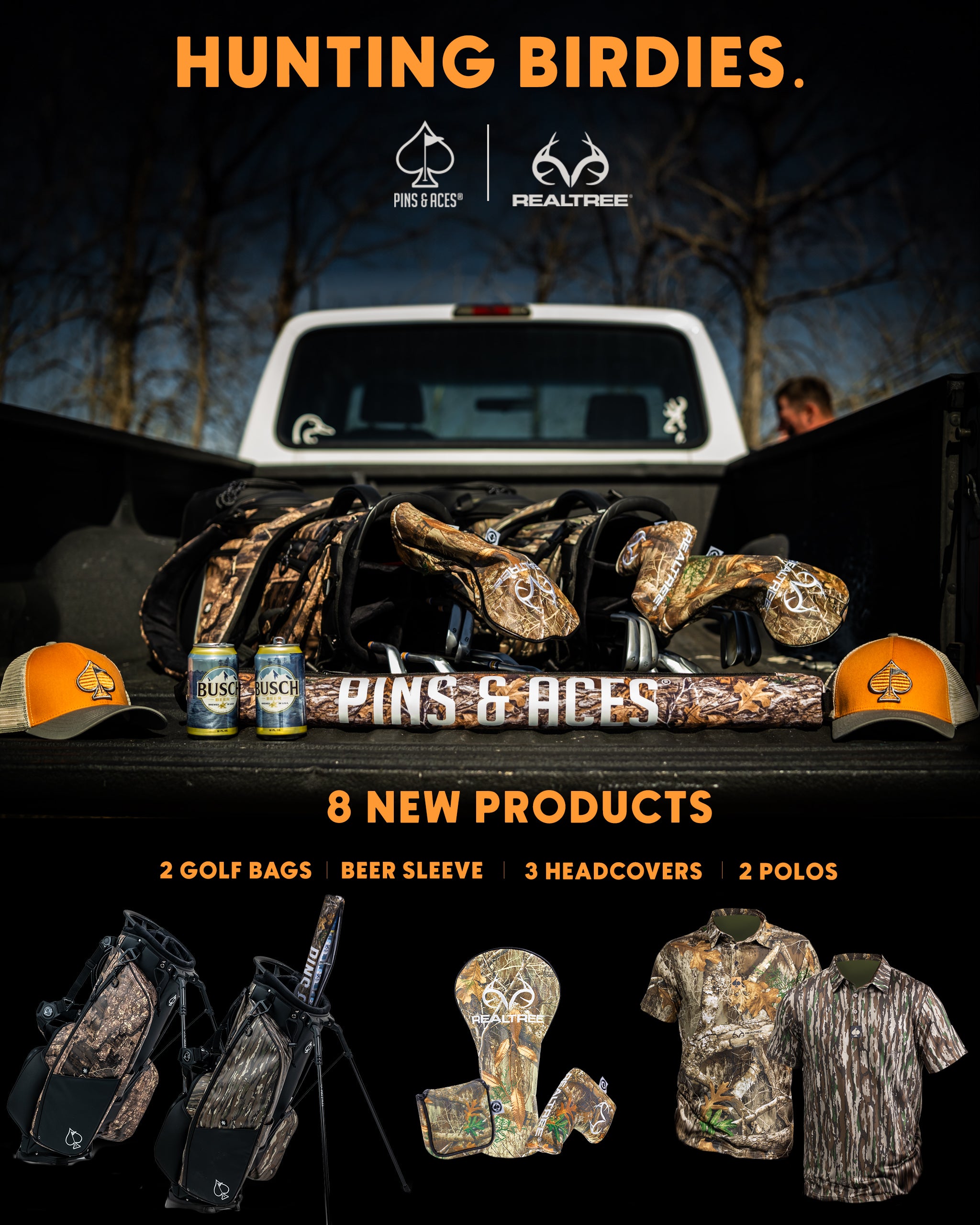 Golf accessories with bold camo patterns, including headcovers, golf bags, polos, and beer sleeve, for standout style.