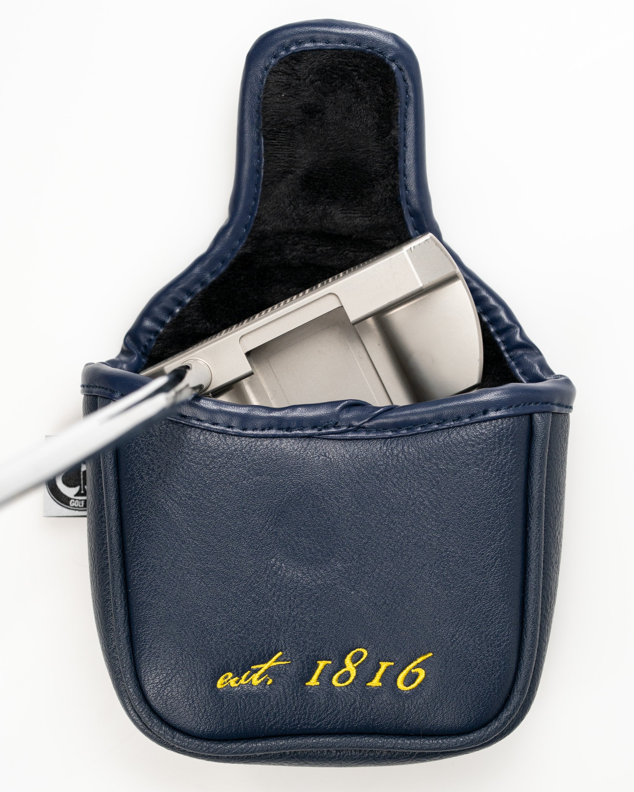 Indiana State Flag mallet putter cover in navy with "est. 1816" embroidery, showcasing a putter inside.