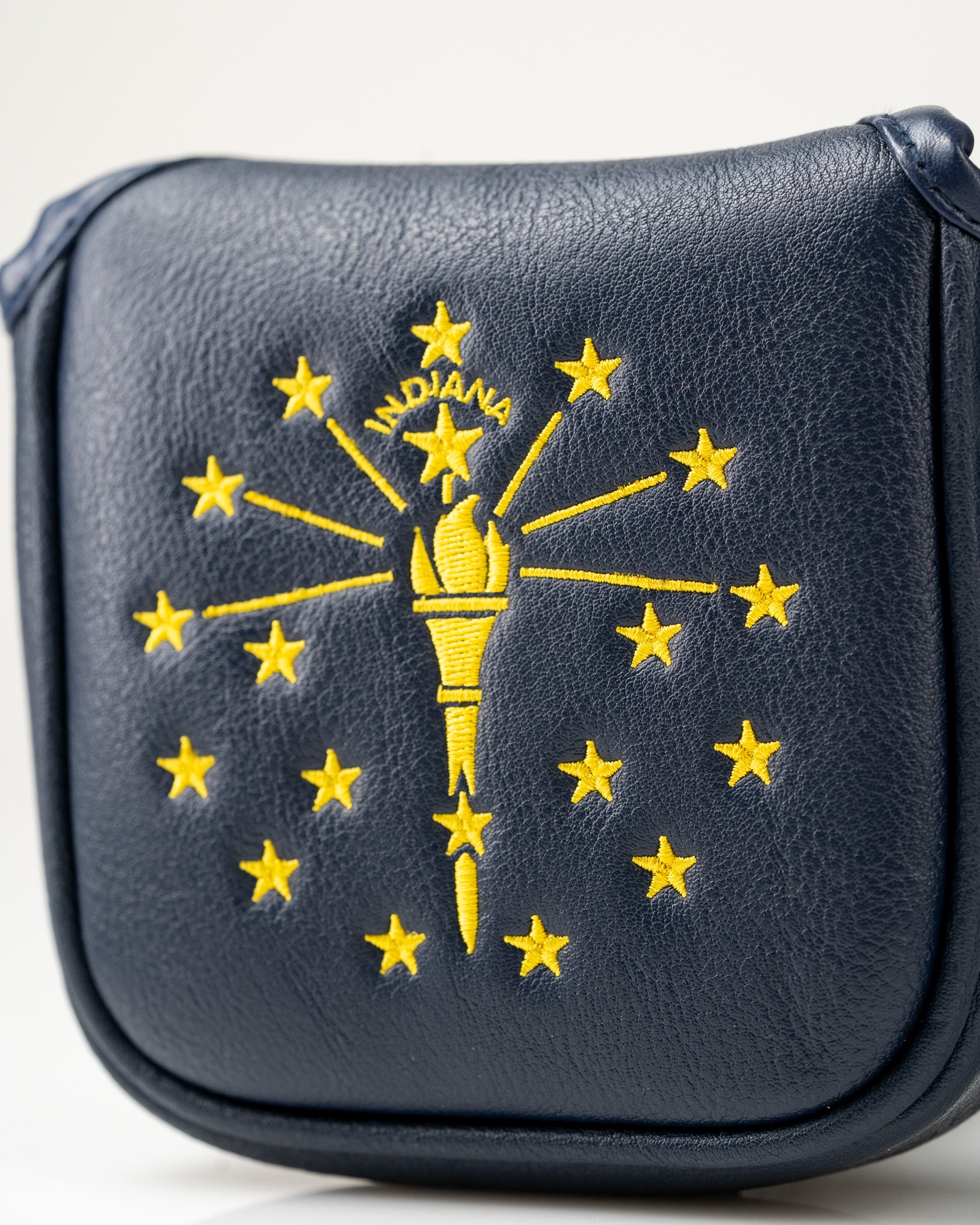 Indiana State Flag mallet putter cover featuring a navy background with vibrant yellow embroidery of the state emblem and stars.