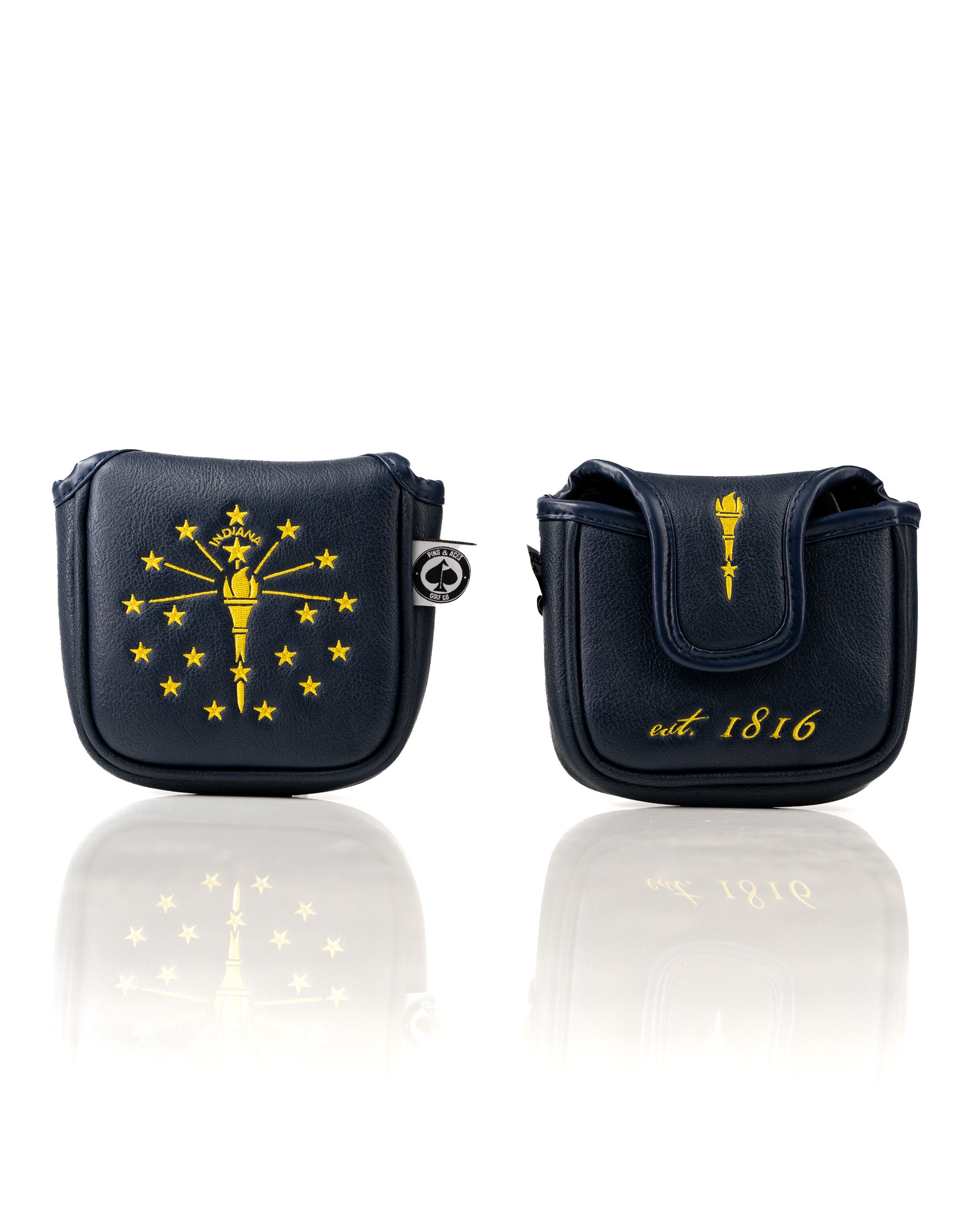 Indiana State Flag mallet putter cover featuring a navy blue design with a gold torch and stars, showcasing "est. 1816.
