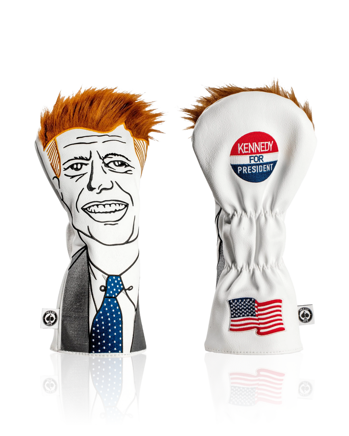 Bold JFK driver cover featuring a playful design with Kennedy's likeness and "Kennedy for President" slogan.