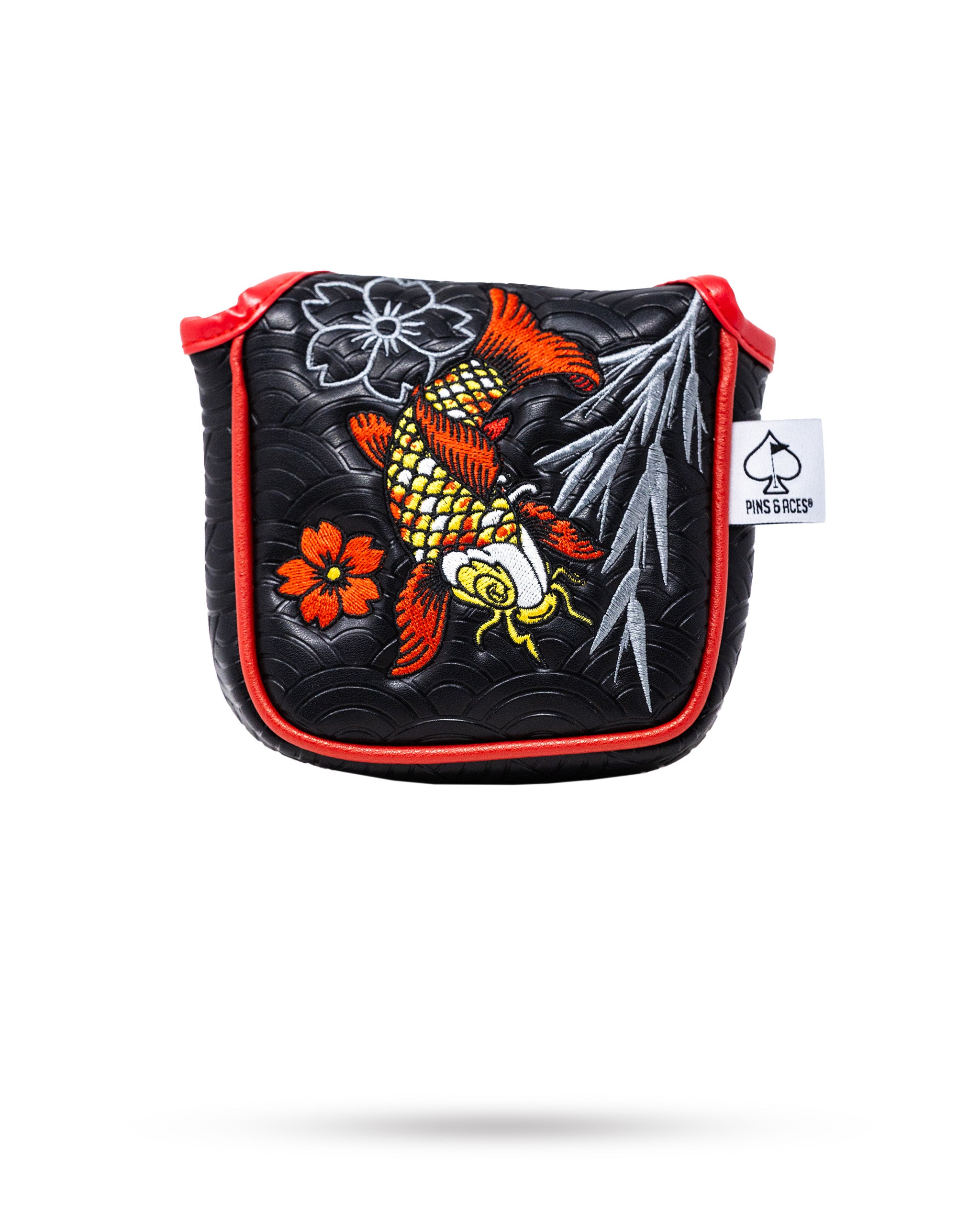 Koi Flow Japanese-style mallet putter cover featuring vibrant koi fish design and padded protection.