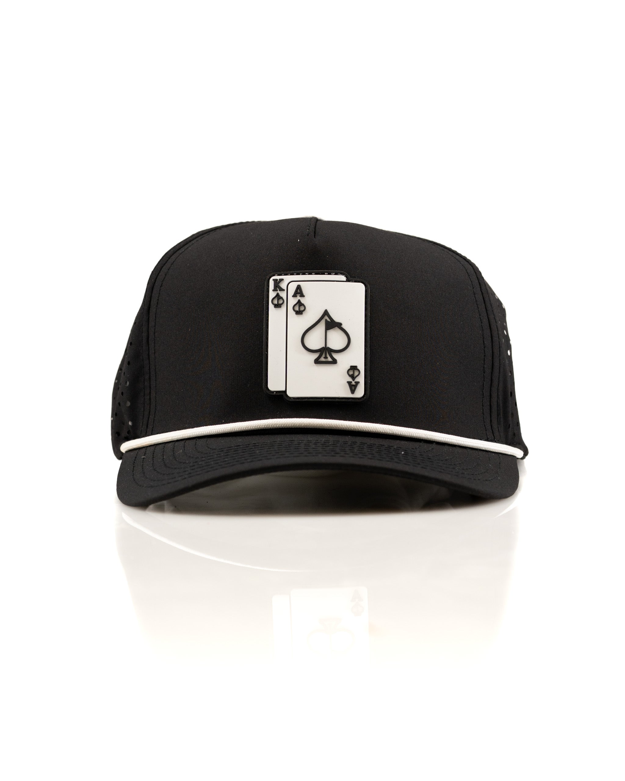 Black perforated rope hat featuring a prominent Ace and King playing card design on the front. Ideal for stylish golfers.
