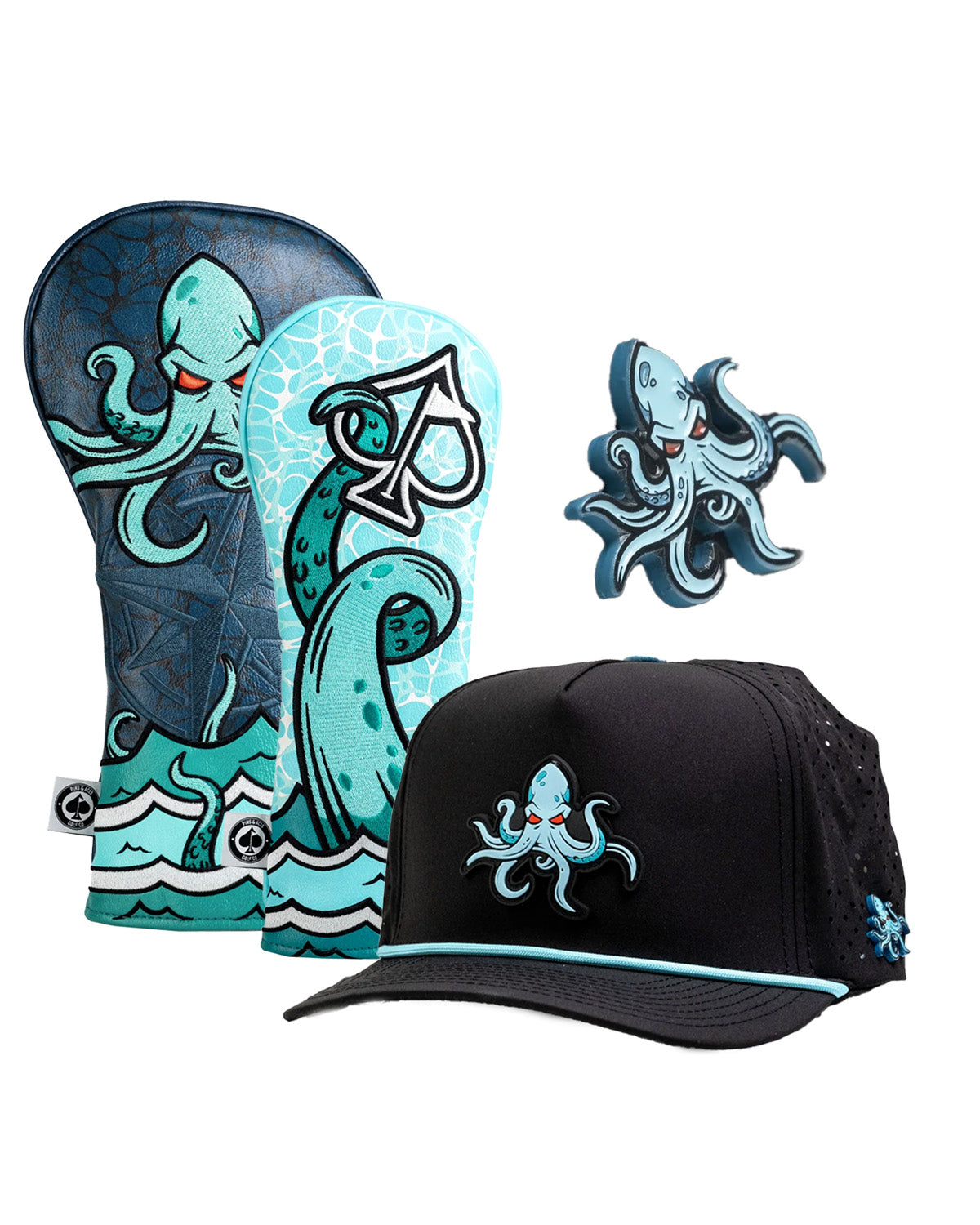 Bold Kraken Collection Bundle featuring unique headcovers and a stylish cap with an octopus design, perfect for standout golfers.