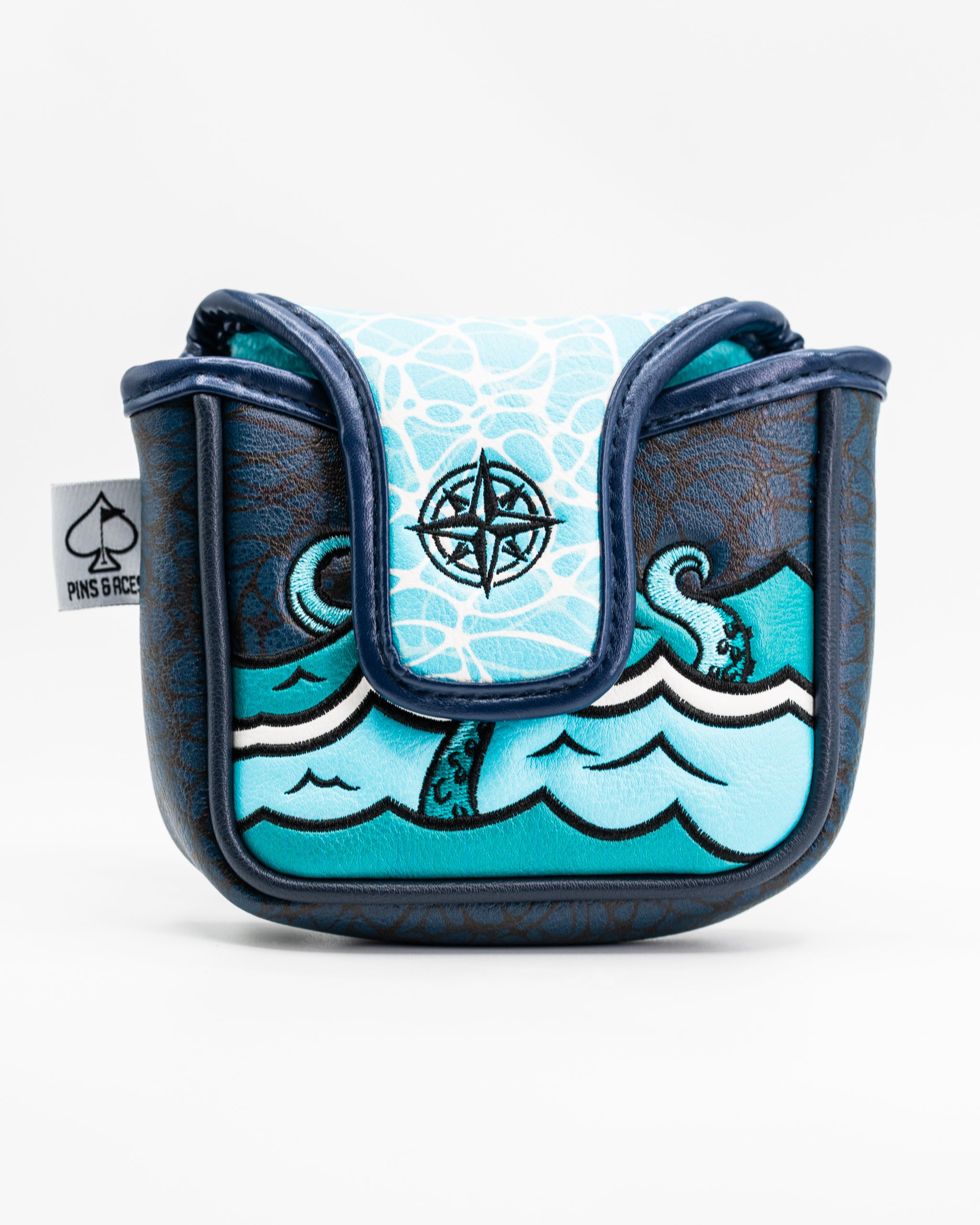 Kraken mallet putter cover featuring a blue ocean wave design and compass logo, designed for bold golf style.