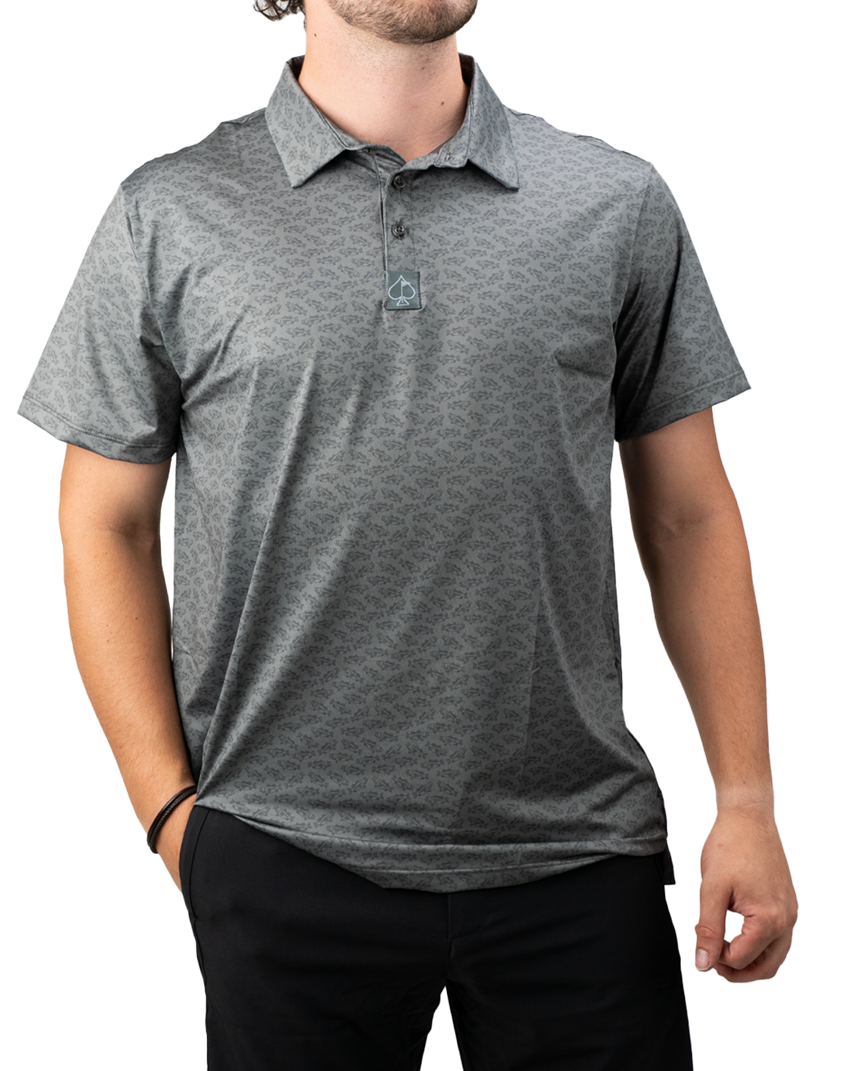 Men's Large Mouth golf polo in gray with a subtle pattern, featuring a collar and short sleeves, ideal for stylish play.