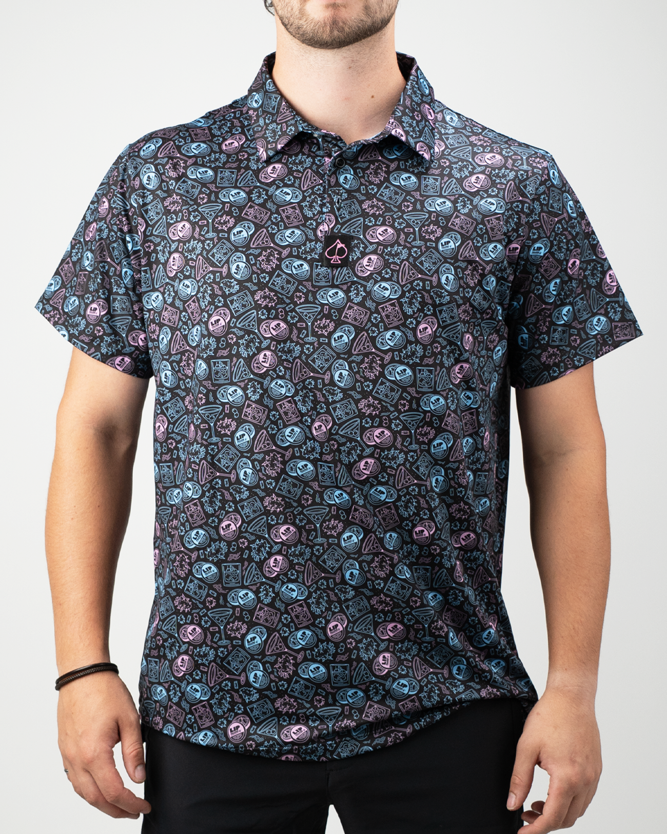 Bold golf shirt featuring a colorful pattern of lip pillows, perfect for golfers wanting to make a statement on the course.