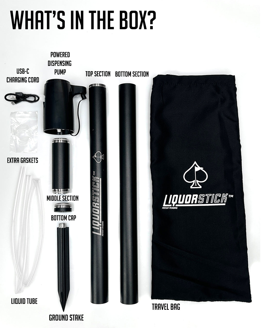 Black LiquorStick golf vaporizer with travel bag, USB-C charger, and accessories including gaskets, tubes, and ground stake.