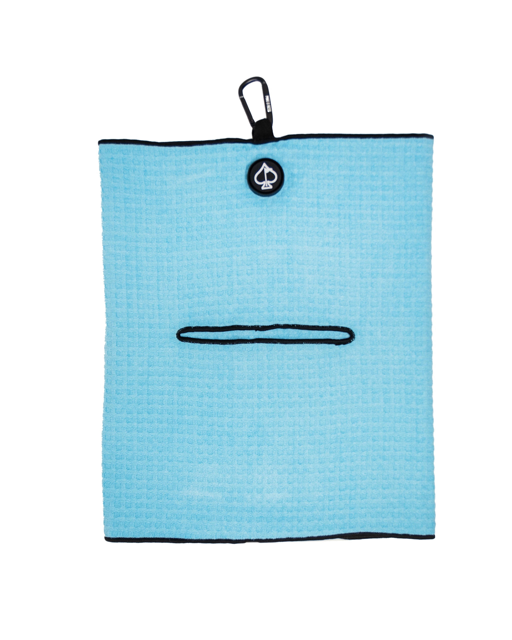 Bright blue golf towel with black trim, featuring a face design with a small spade logo, perfect for bold golf style.