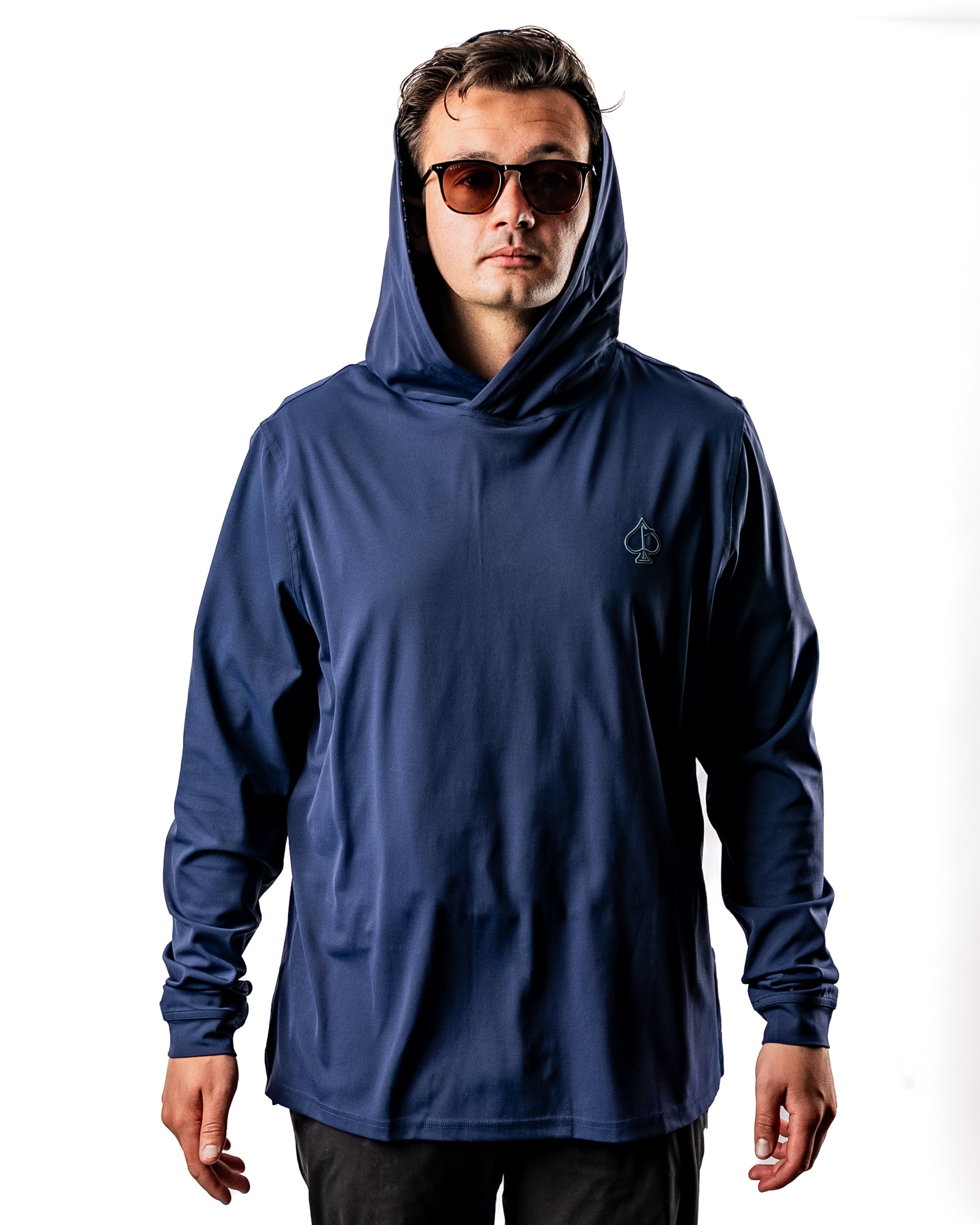 Men's performance golf hoodie in Manta Ray color, featuring a stylish hood and logo, perfect for golfers seeking comfort and style.