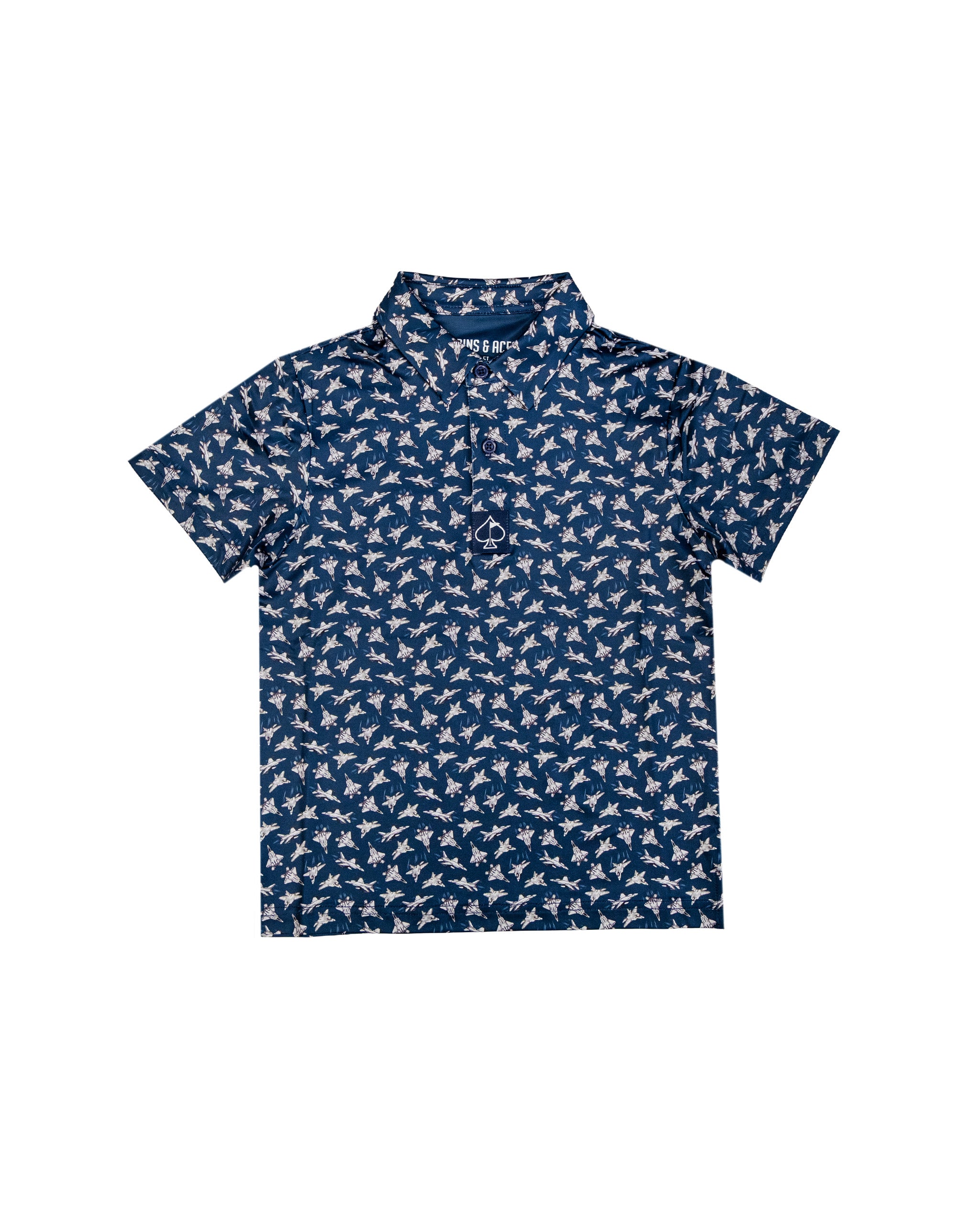 Youth Birds of Steel short-sleeve polo shirt with a navy background and a white bird pattern, featuring a collar and button placket.