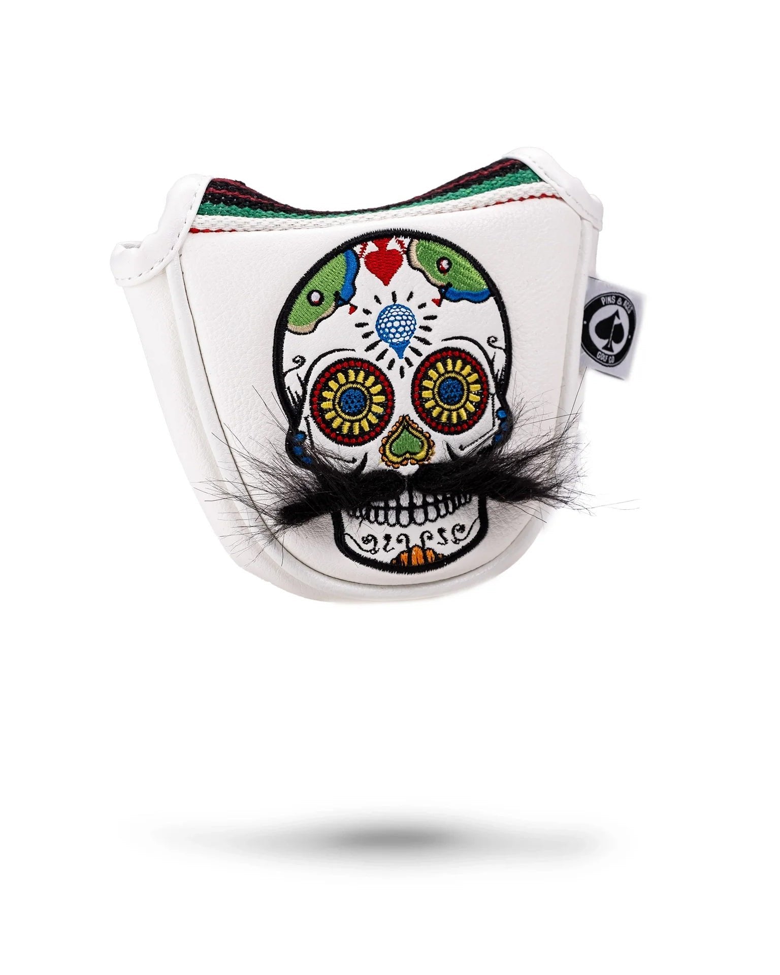 White mallet putter cover featuring a colorful mustache sugar skull design.