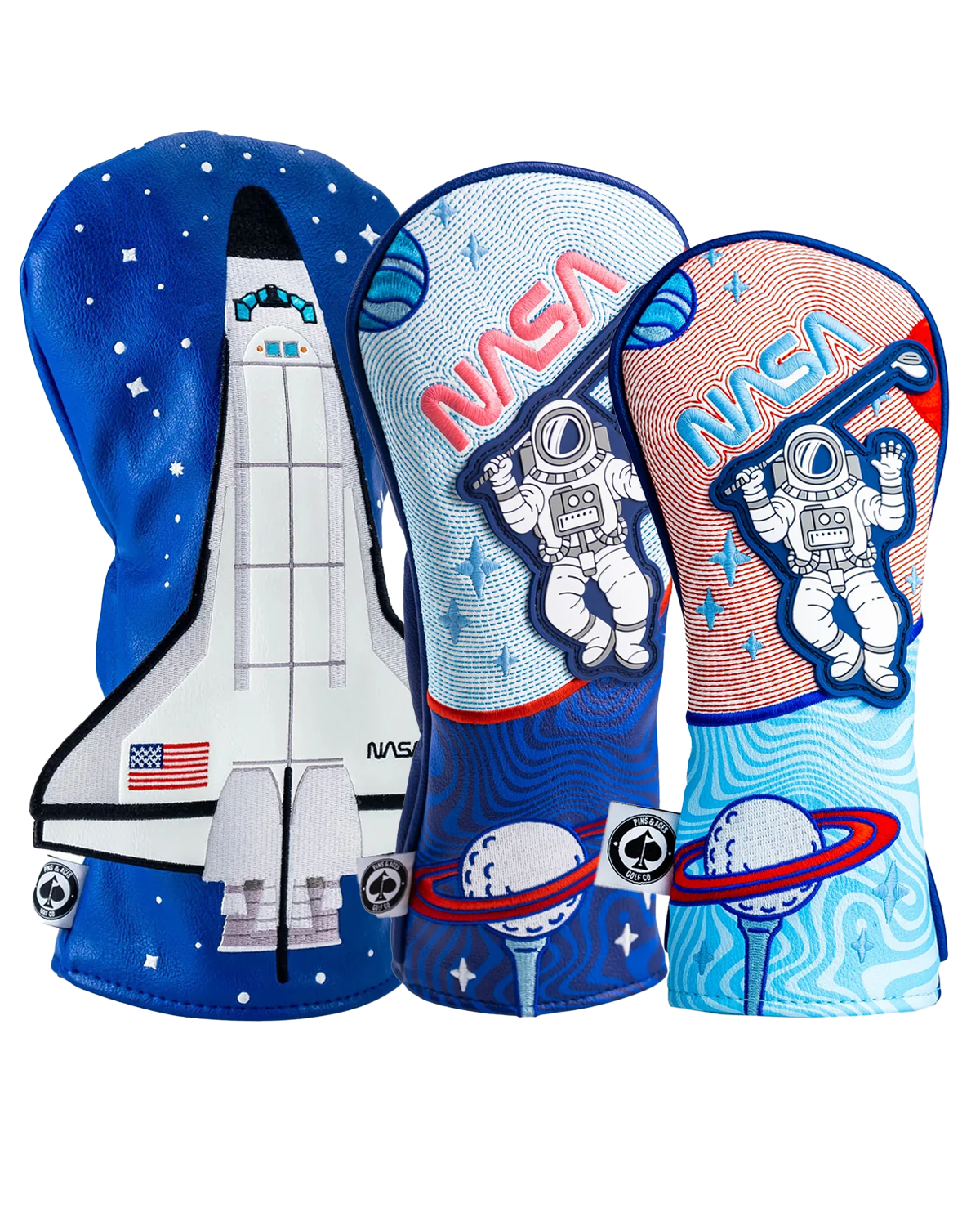 NASA headcover set featuring a space shuttle and astronaut designs with vibrant colors and cosmic patterns for golf clubs.