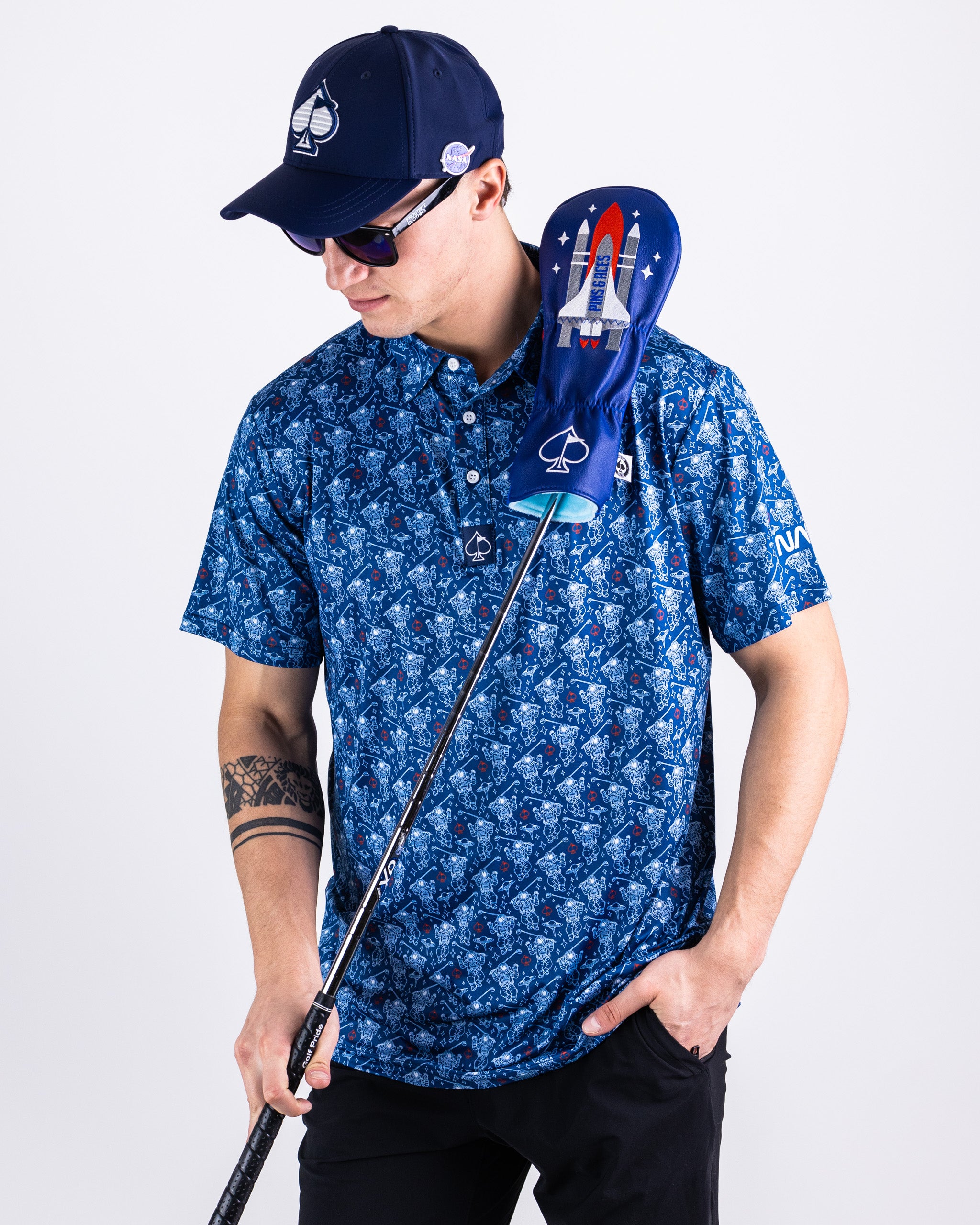 NASA Space Walker blue polo shirt featuring an embroidered NASA logo on the chest.