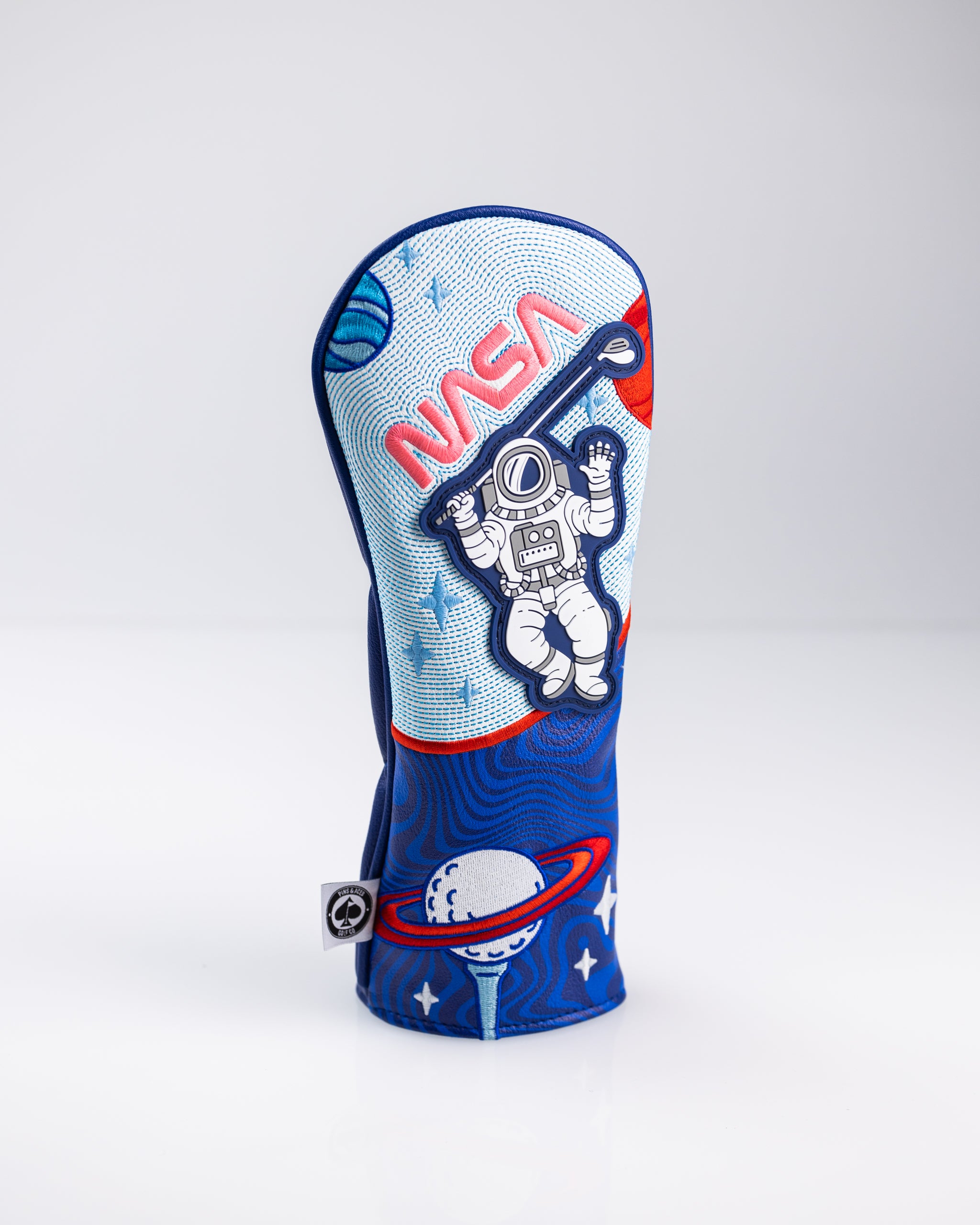 Colorful NASA-themed golf headcover with astronaut, planets, and space motifs, perfect for bold golf style.