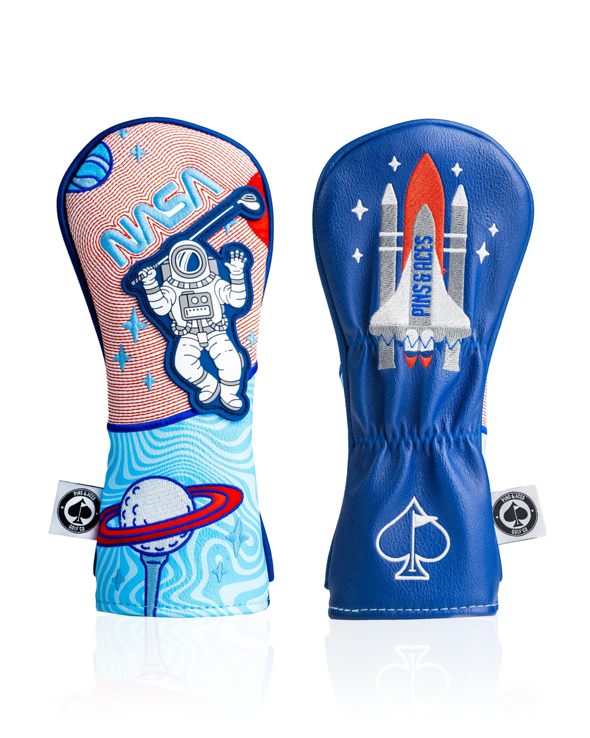 Bold hybrid golf headcover featuring NASA-themed designs: an astronaut and a rocket, perfect for standout style on the course.