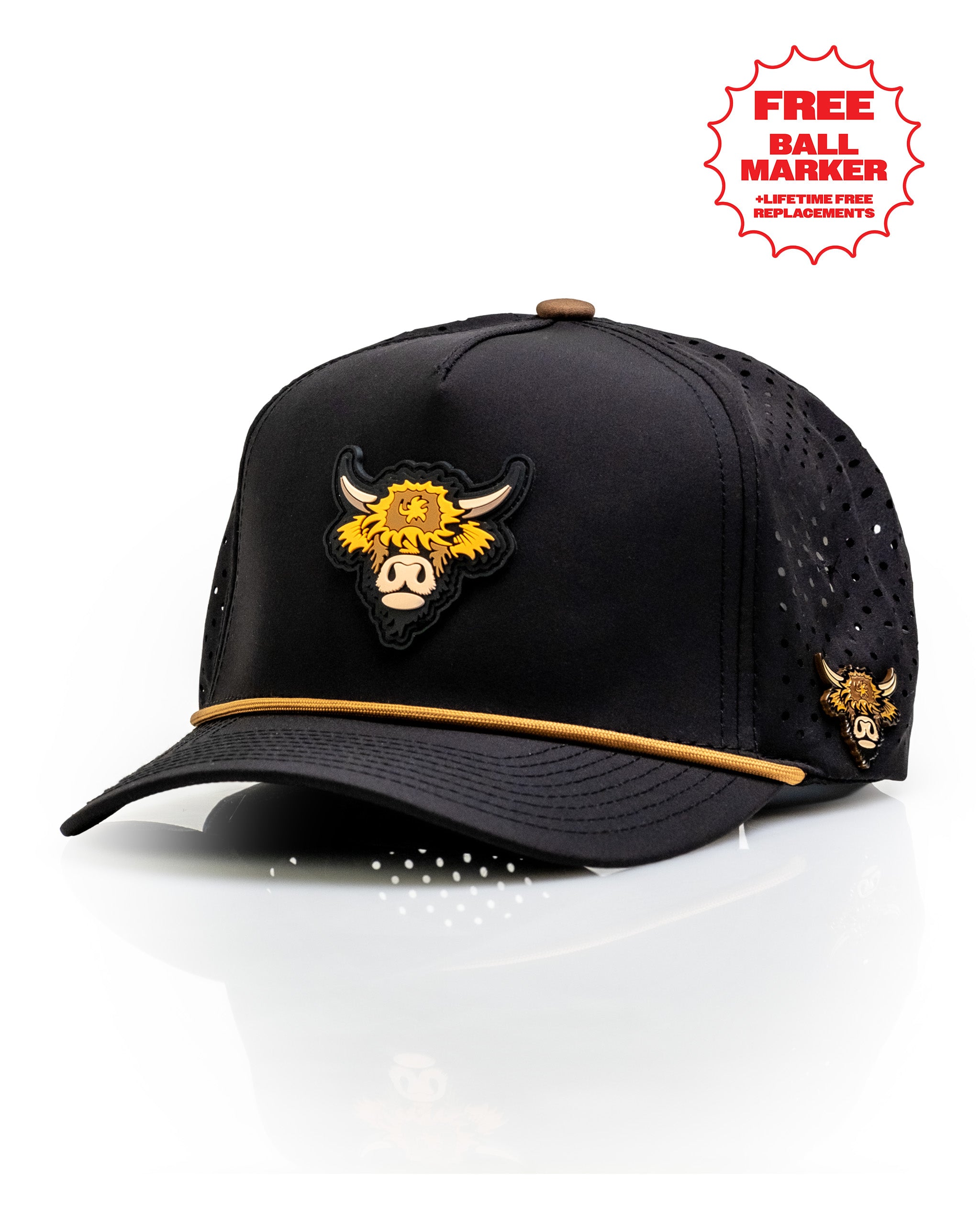 Highland Cow Black perforated rope hat featuring a bold cow logo and a stylish design for golfers.