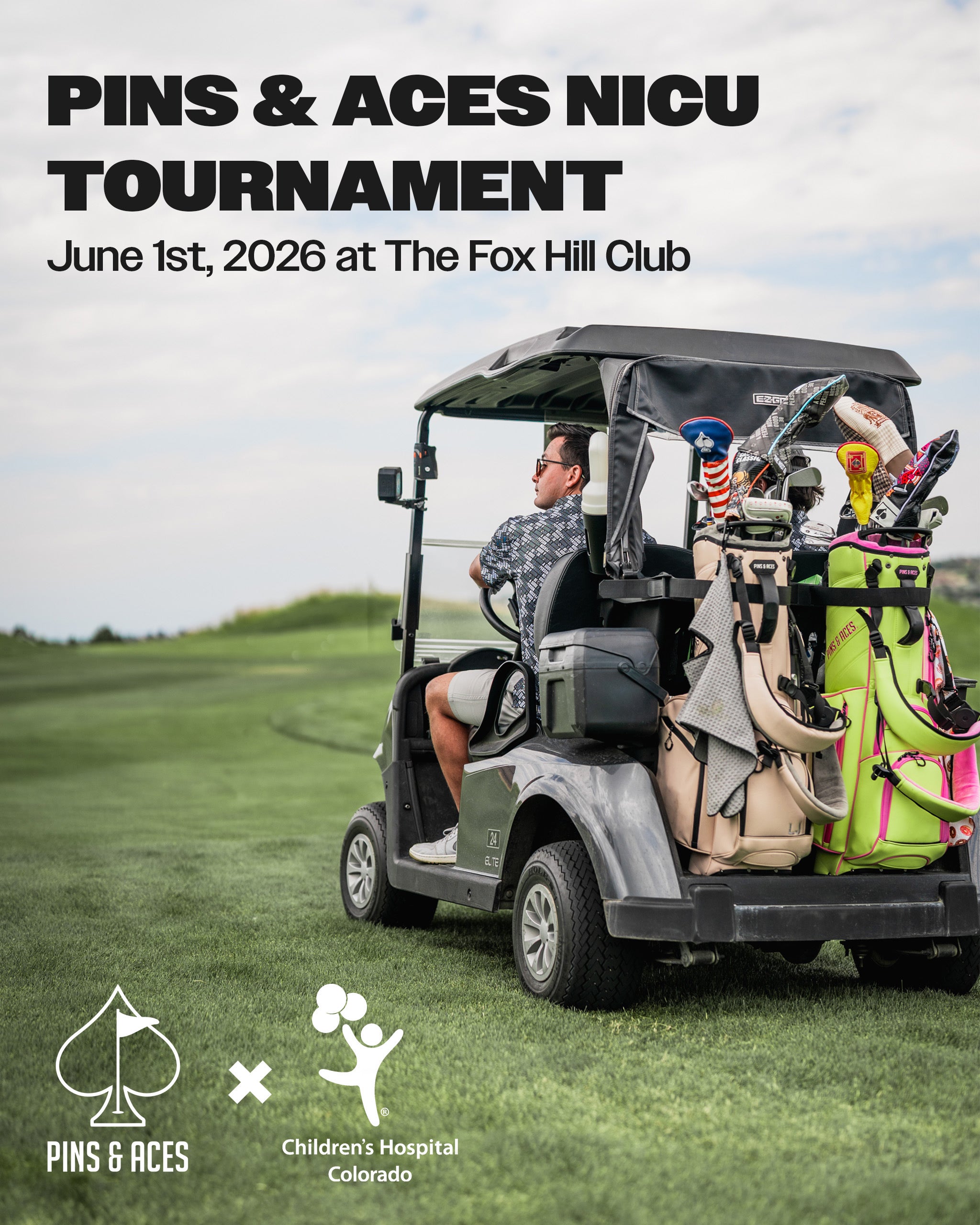Golfer in a cart with colorful golf bags, promoting the Pins and Aces NICU Tournament at Fox Hill Club on June 1, 2026.