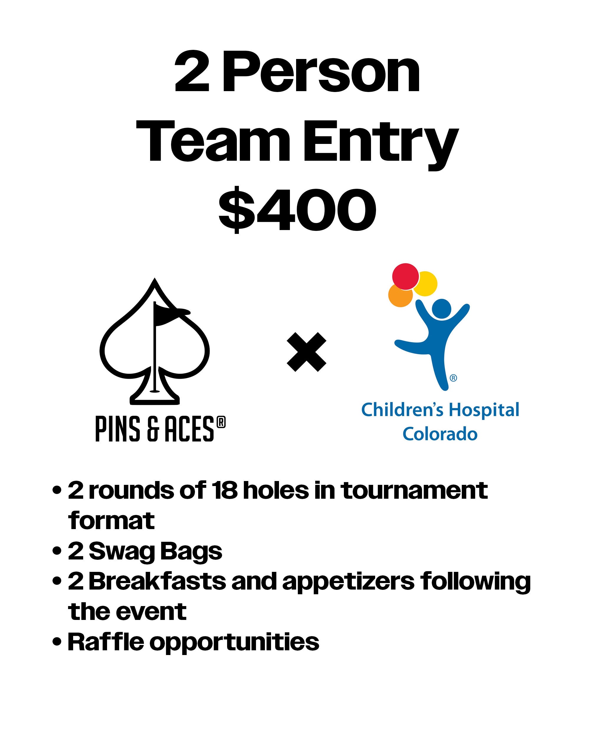 Promotional flyer for Pins and Aces x Children's Hospital NICU Golf Tournament featuring event details and pricing.