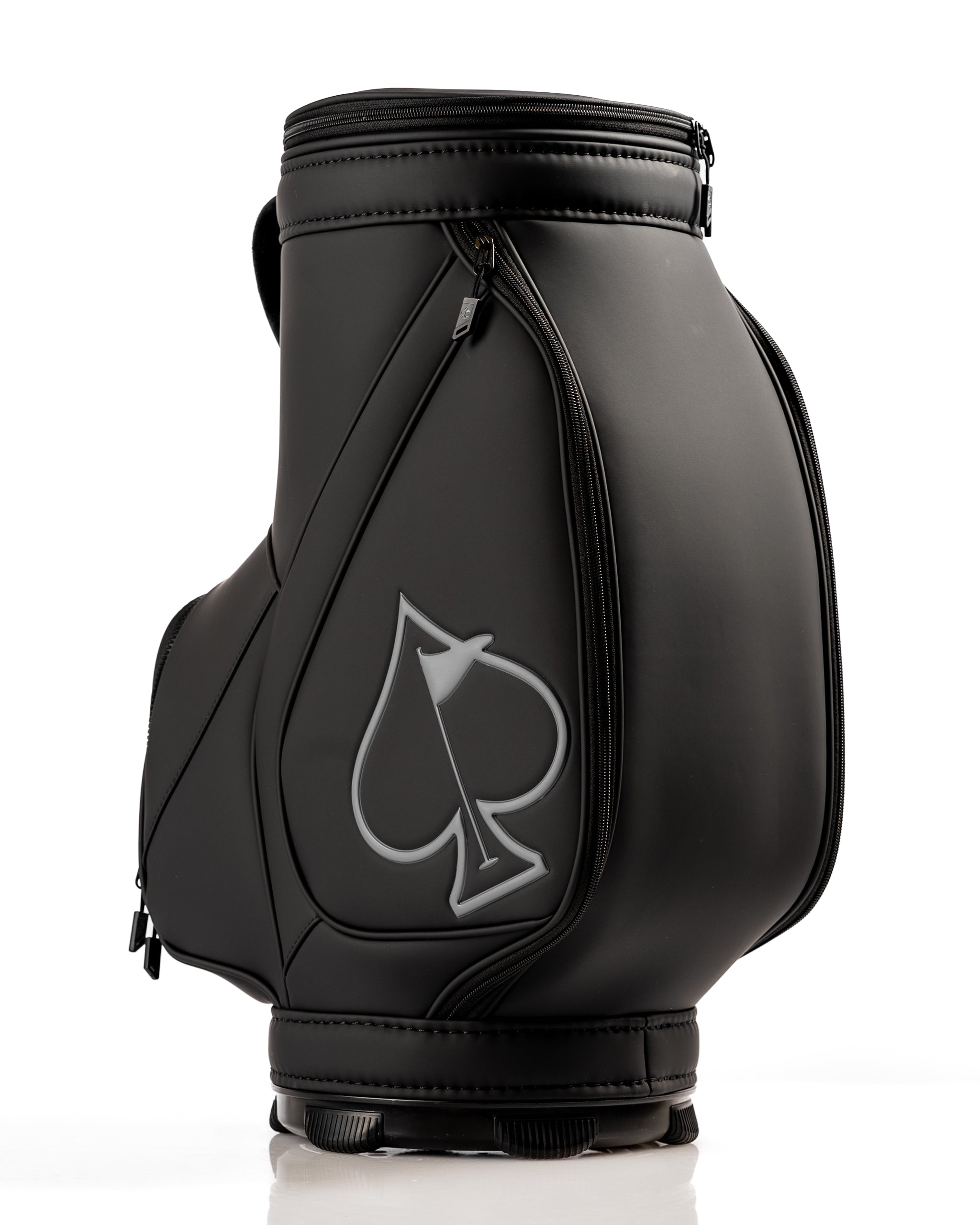 Sleek black Den Caddy golf bag featuring a prominent spade logo, designed for style and functionality on the course.