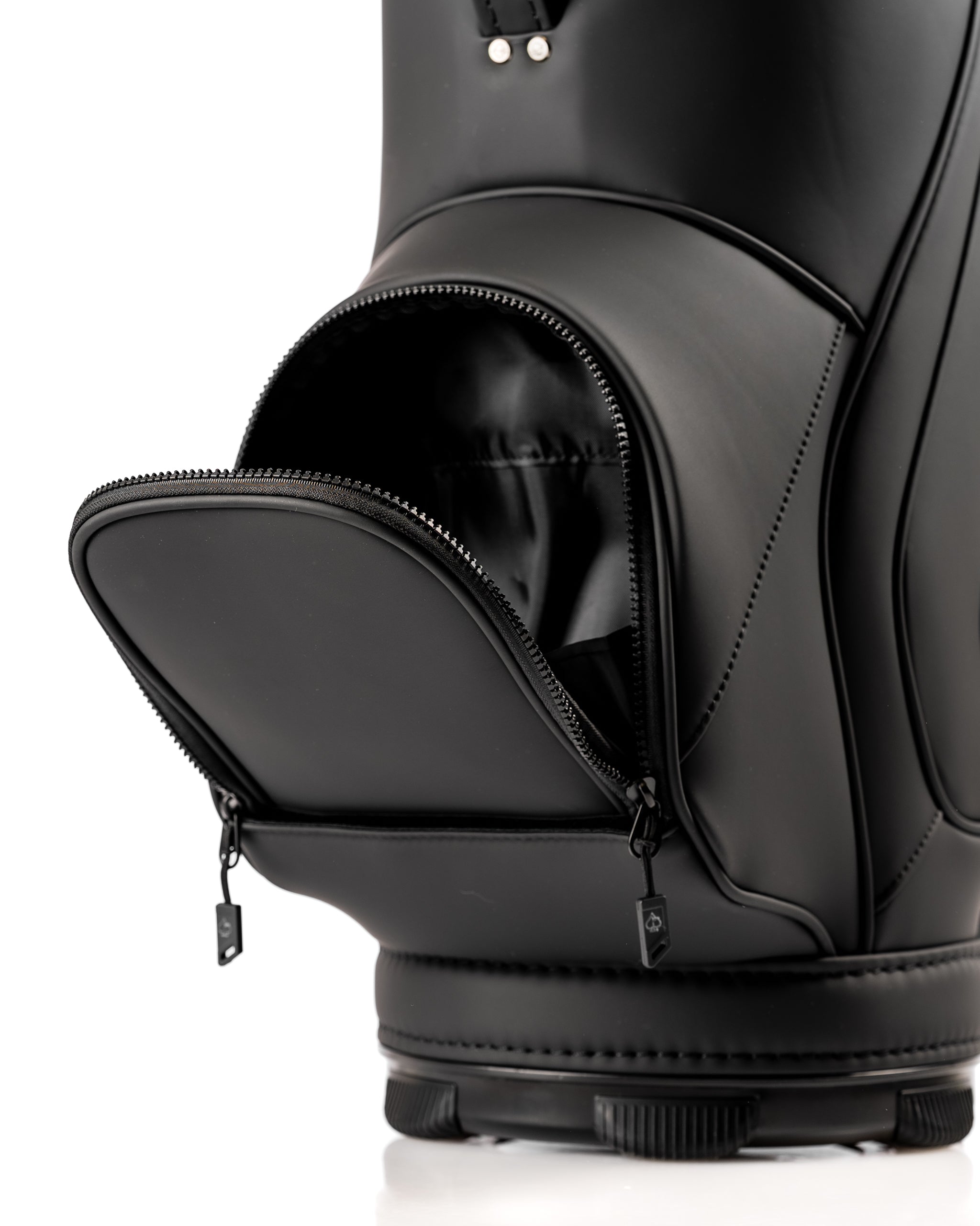 Sleek black Den Caddy with a zippered pocket, designed for stylish storage on the golf course. Perfect for golfers.