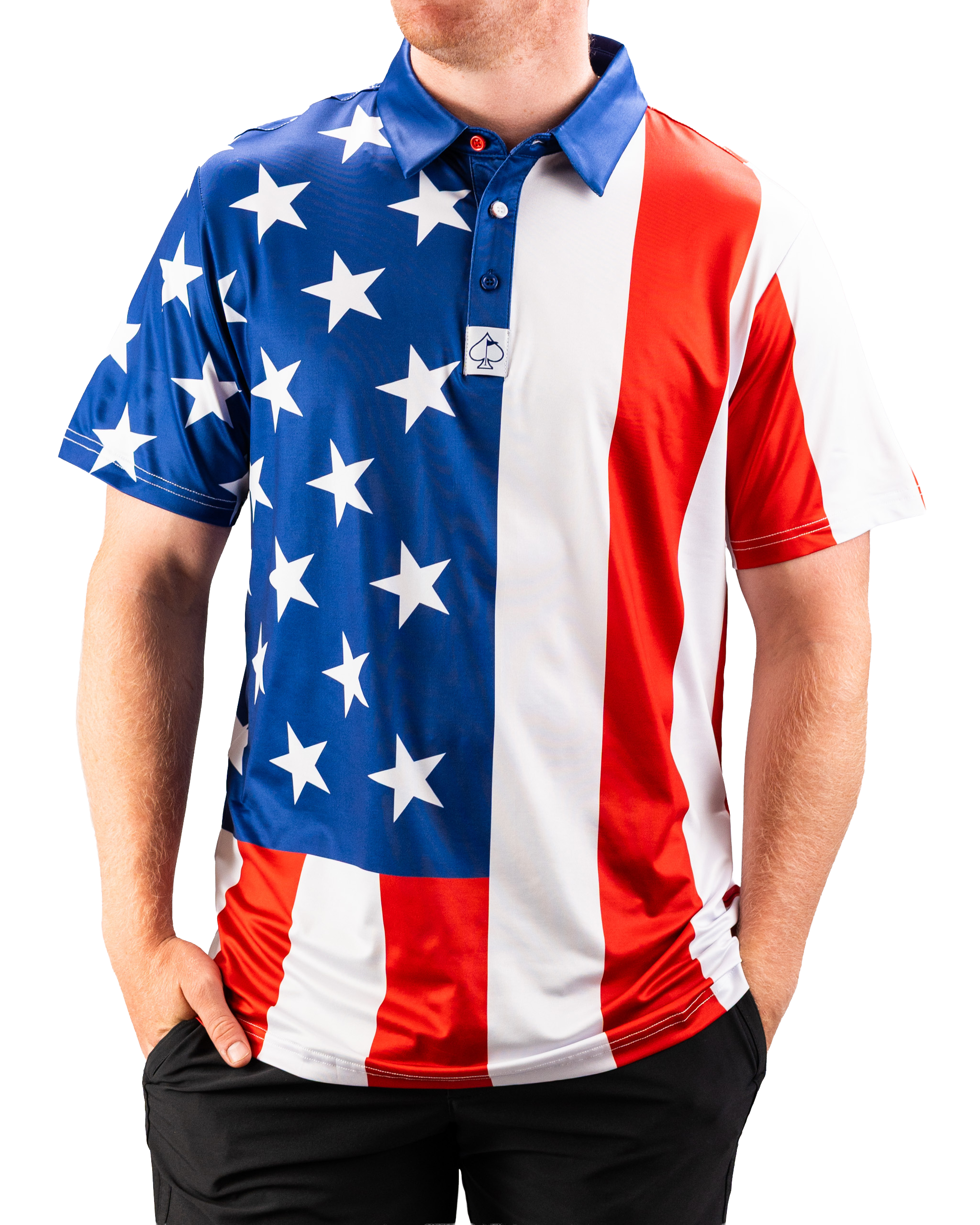 A man wearing a golf polo shirt designed with the American flag pattern, featuring stars on the blue field and red and white stripes.