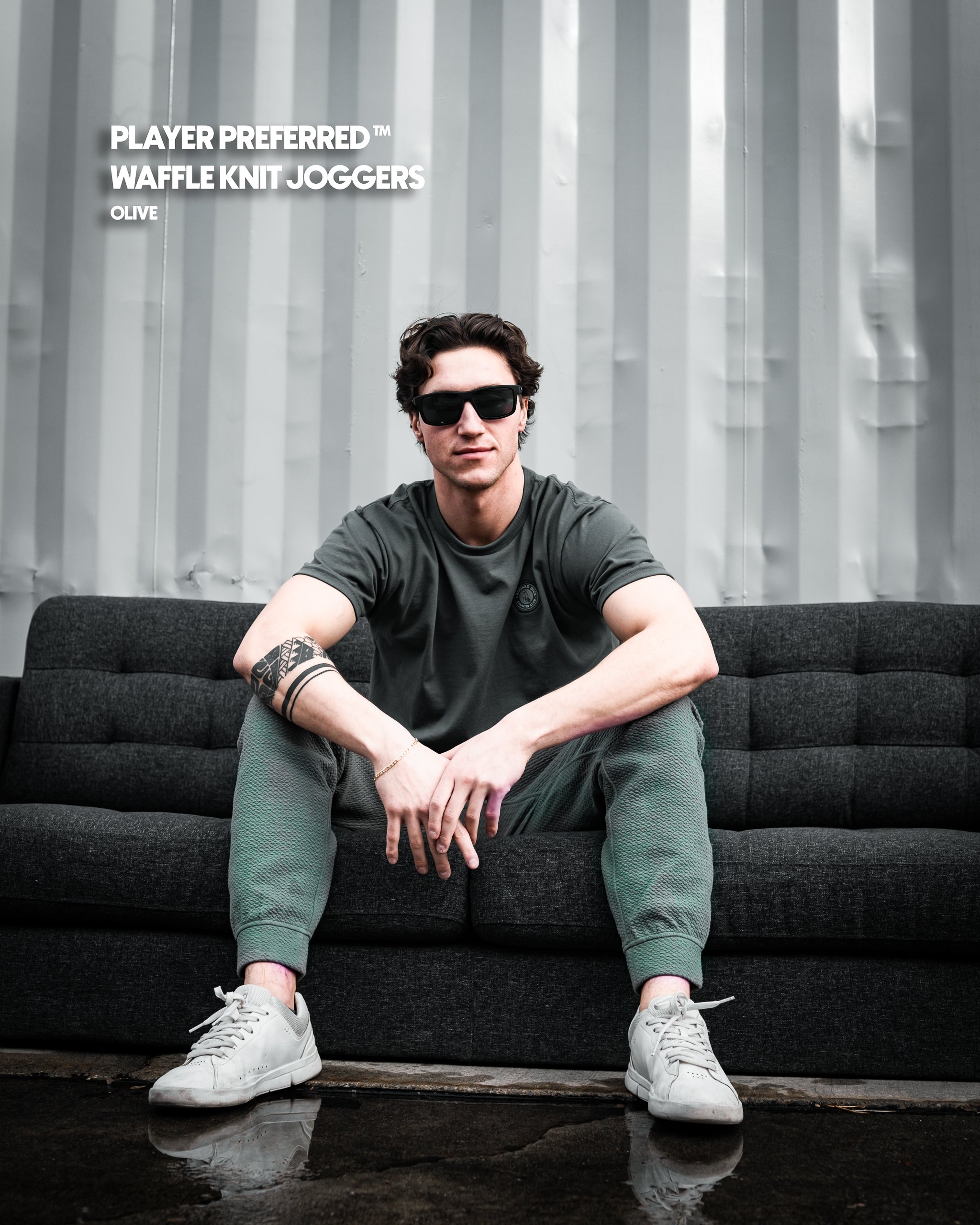 Player Preferred™ Waffleknit Jogger in Sage, featuring a relaxed fit, elastic waistband, and side pockets, displayed in a casual lifestyle setting.