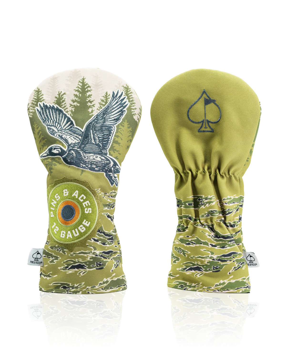 Camouflage driver cover featuring a mallard duck design and Pins & Aces logo, perfect for stylish golf enthusiasts.