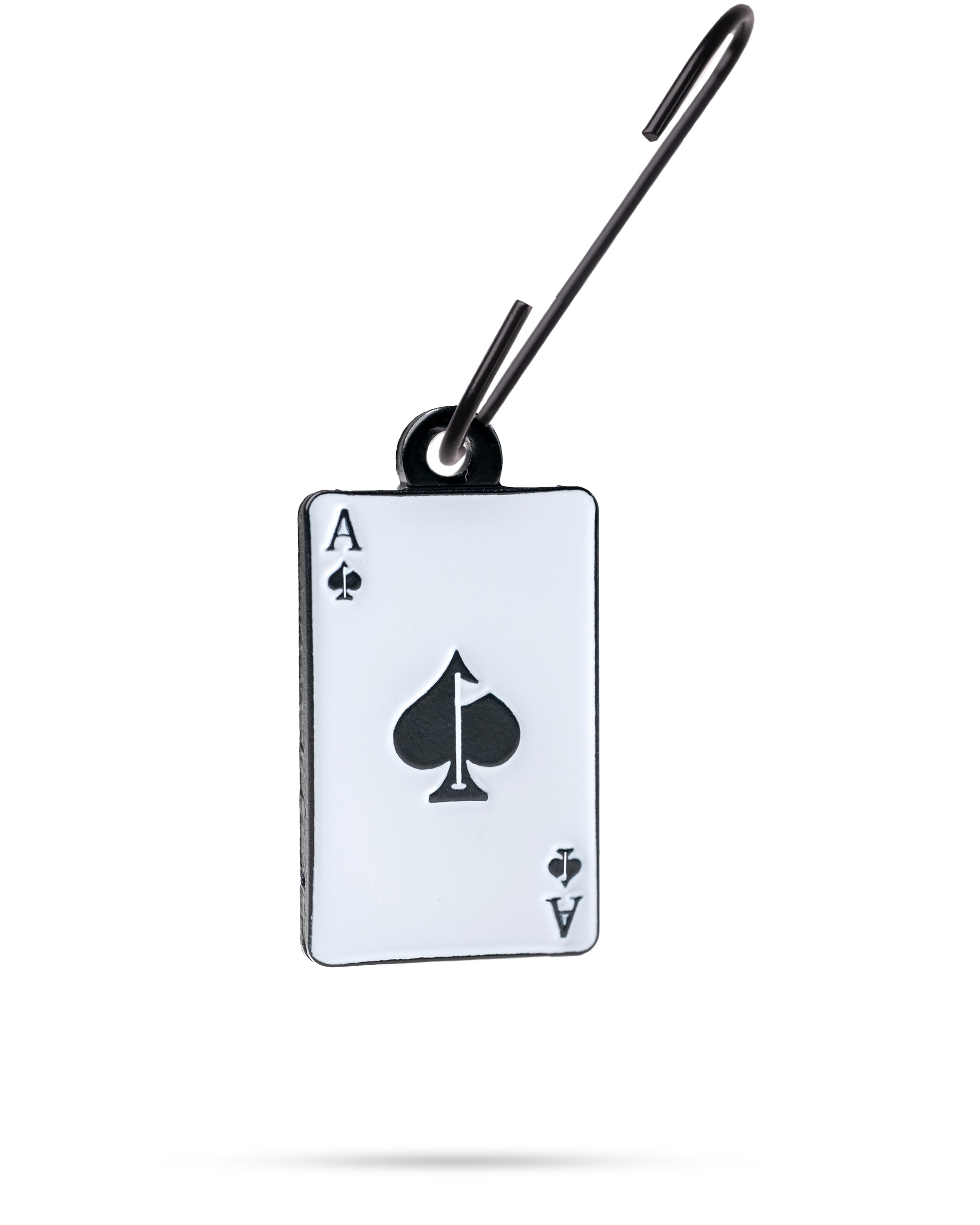 Ace of Spades card ornament with a glossy finish and a safety pin attachment, placed against a white background.