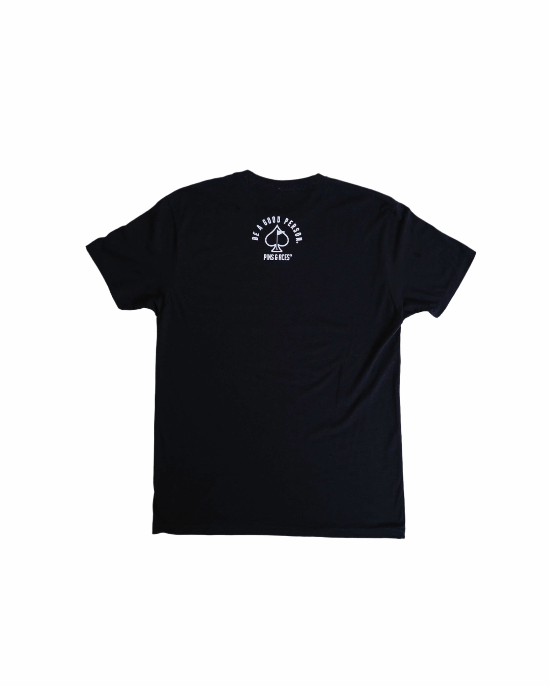 Black t-shirt featuring "Be A Good Person" graphic and Pins and Aces logo on the back, perfect for golfers.