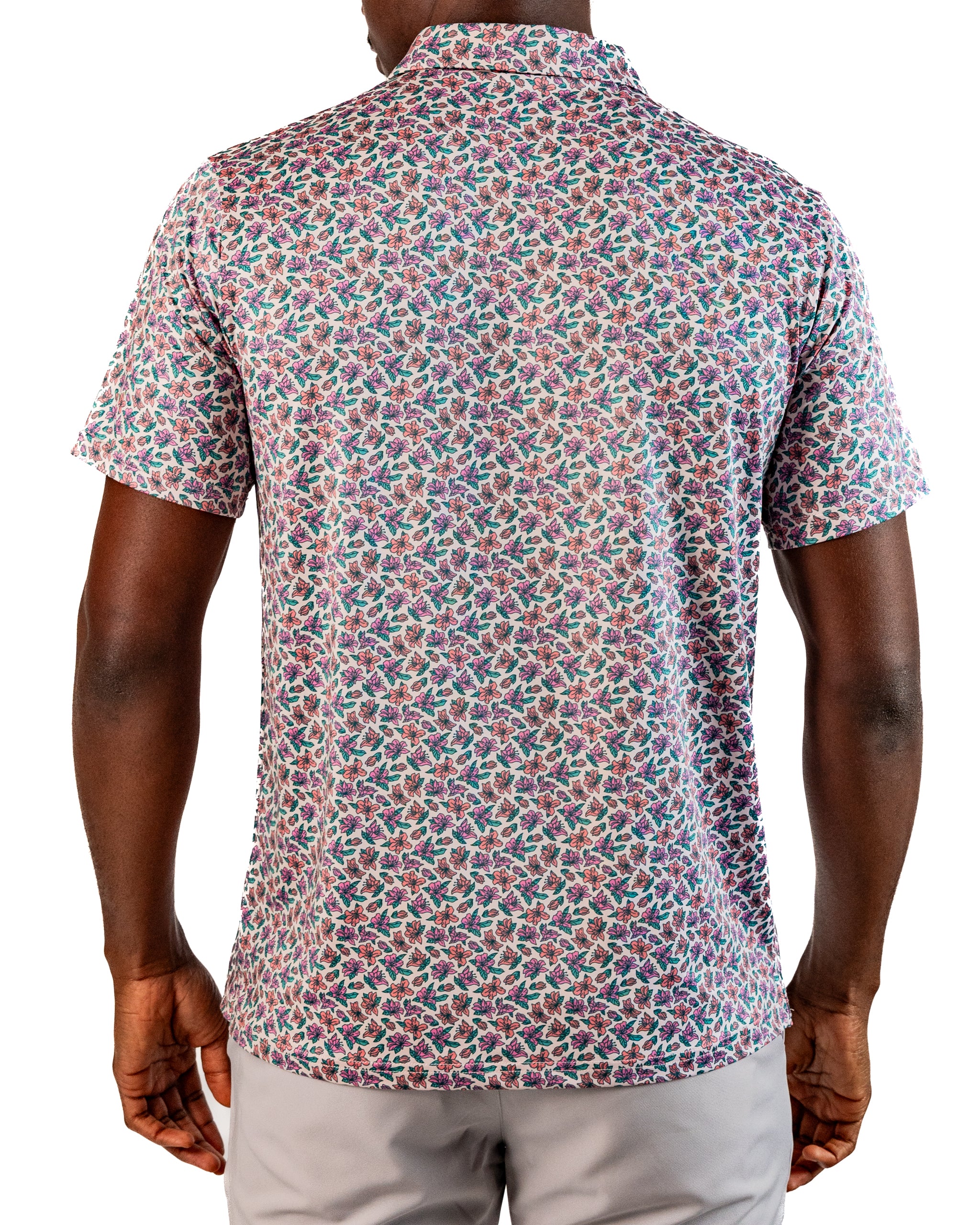 Men's Light Azalea golf shirt featuring a vibrant floral pattern, designed for a stylish and bold look on the course.
