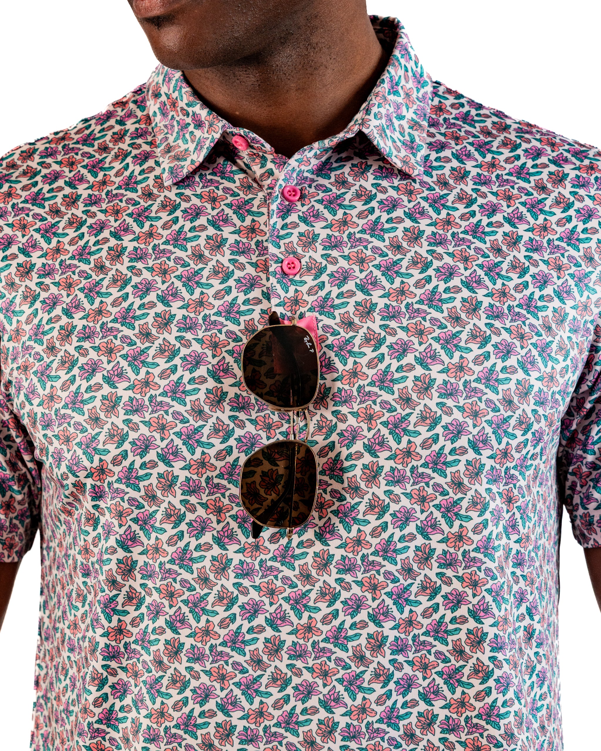 Light Azalea golf shirt featuring a vibrant floral pattern, perfect for golfers seeking a bold and stylish look on the course.