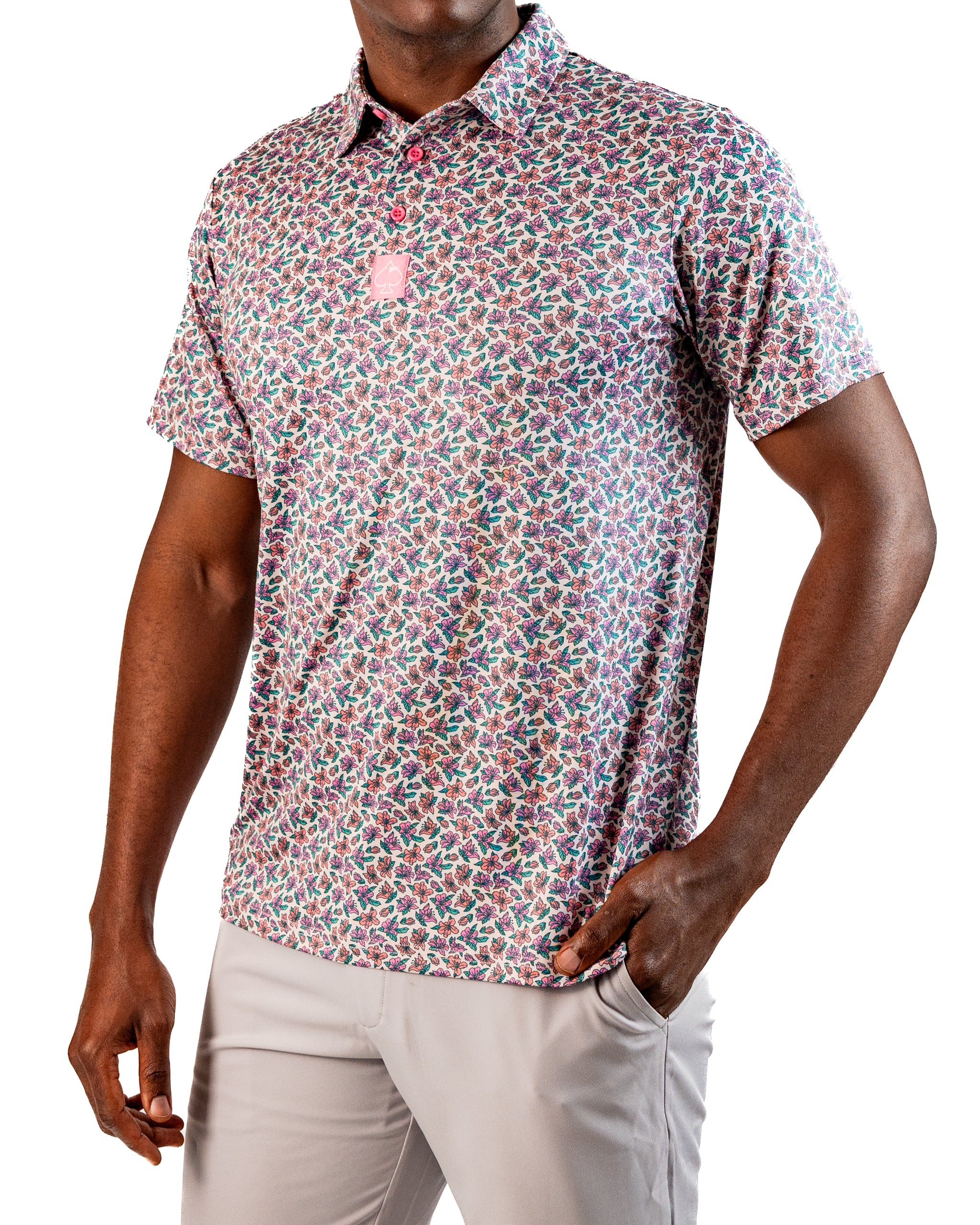 Men's light azalea golf polo featuring a vibrant floral pattern, perfect for stylish performance on the course.