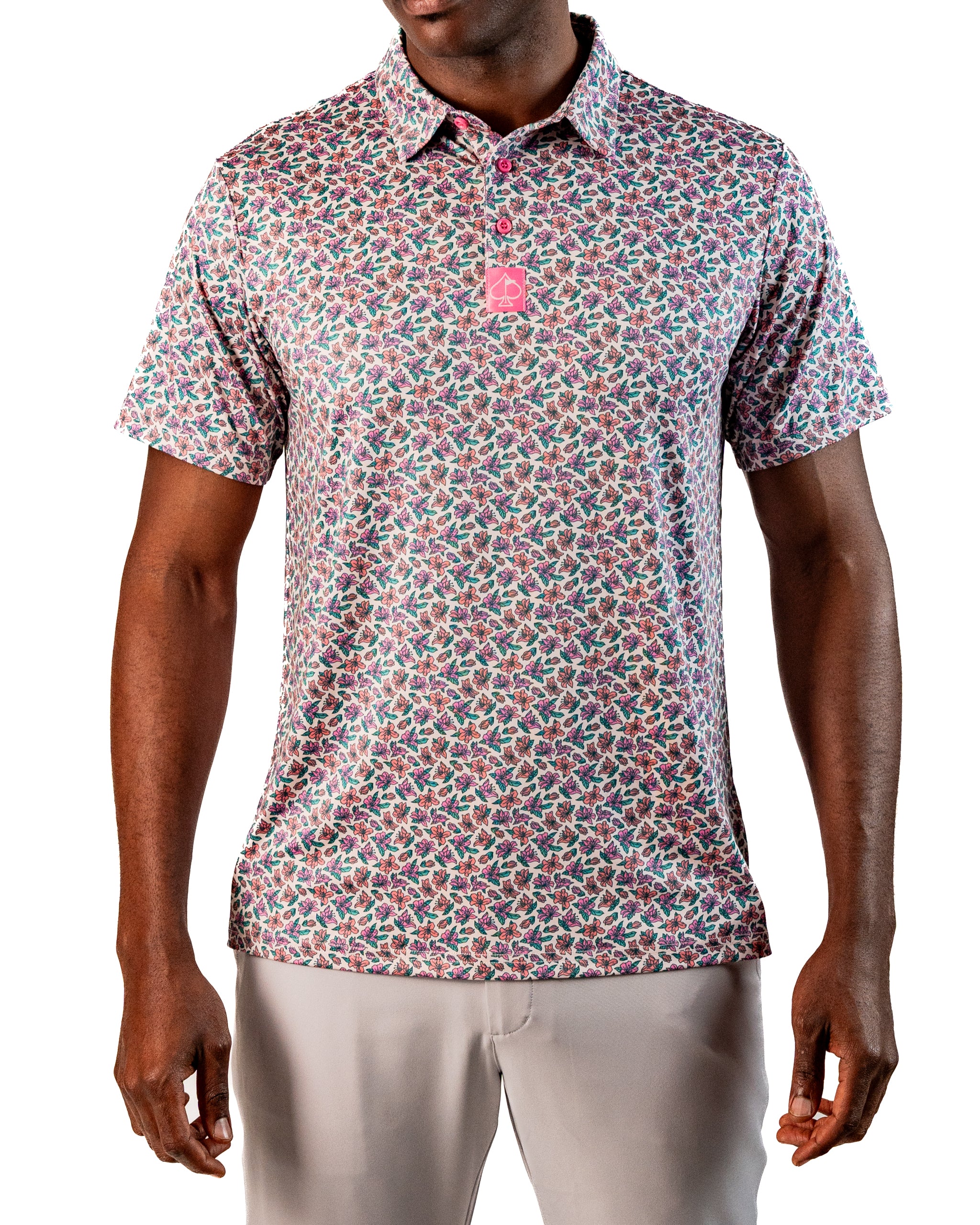 Men's Light Azalea golf polo featuring a vibrant floral pattern, designed for stylish performance on the course.