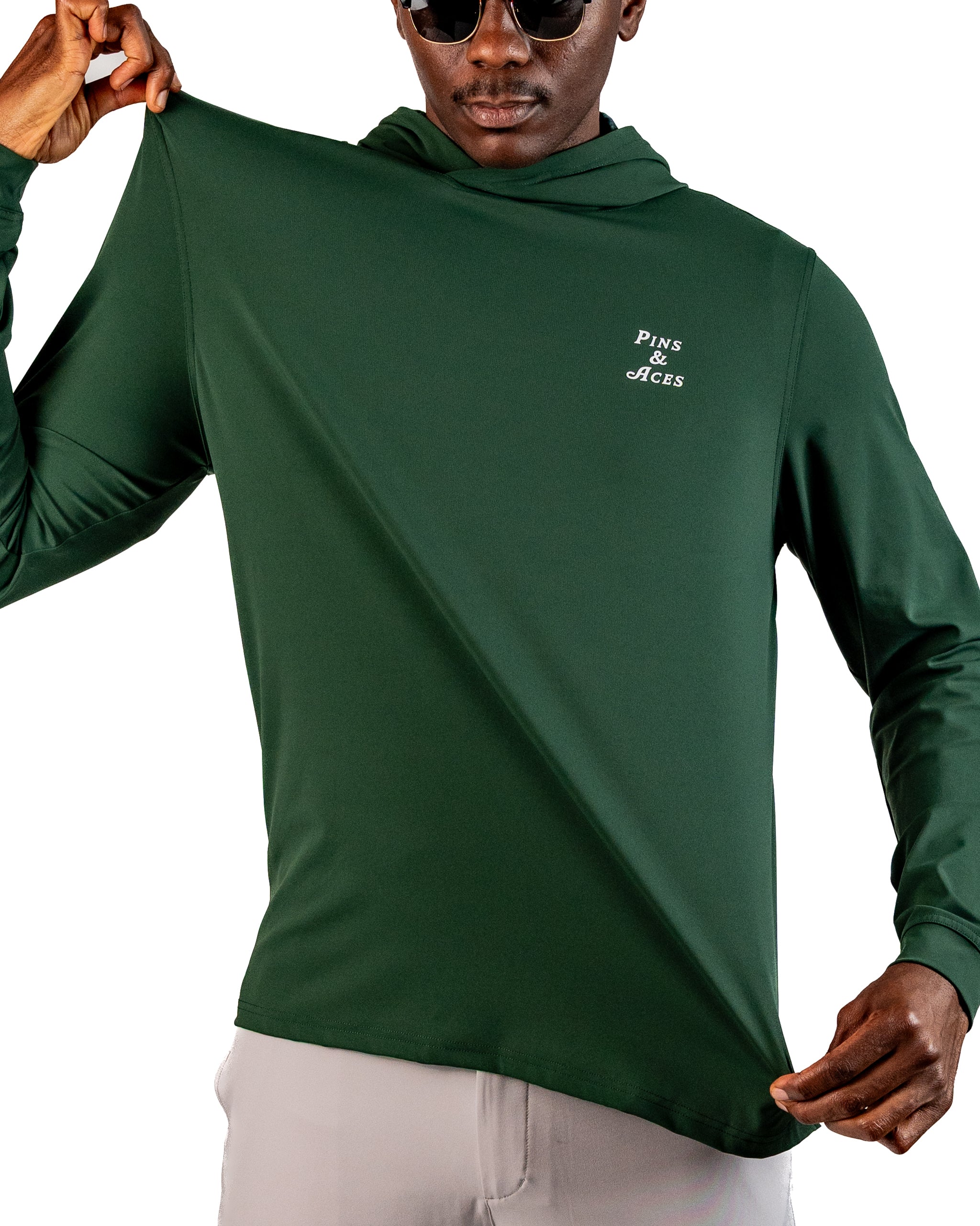 Men's performance golf hoodie in dark azalea, featuring a lightweight design and stylish logo for on-course comfort.