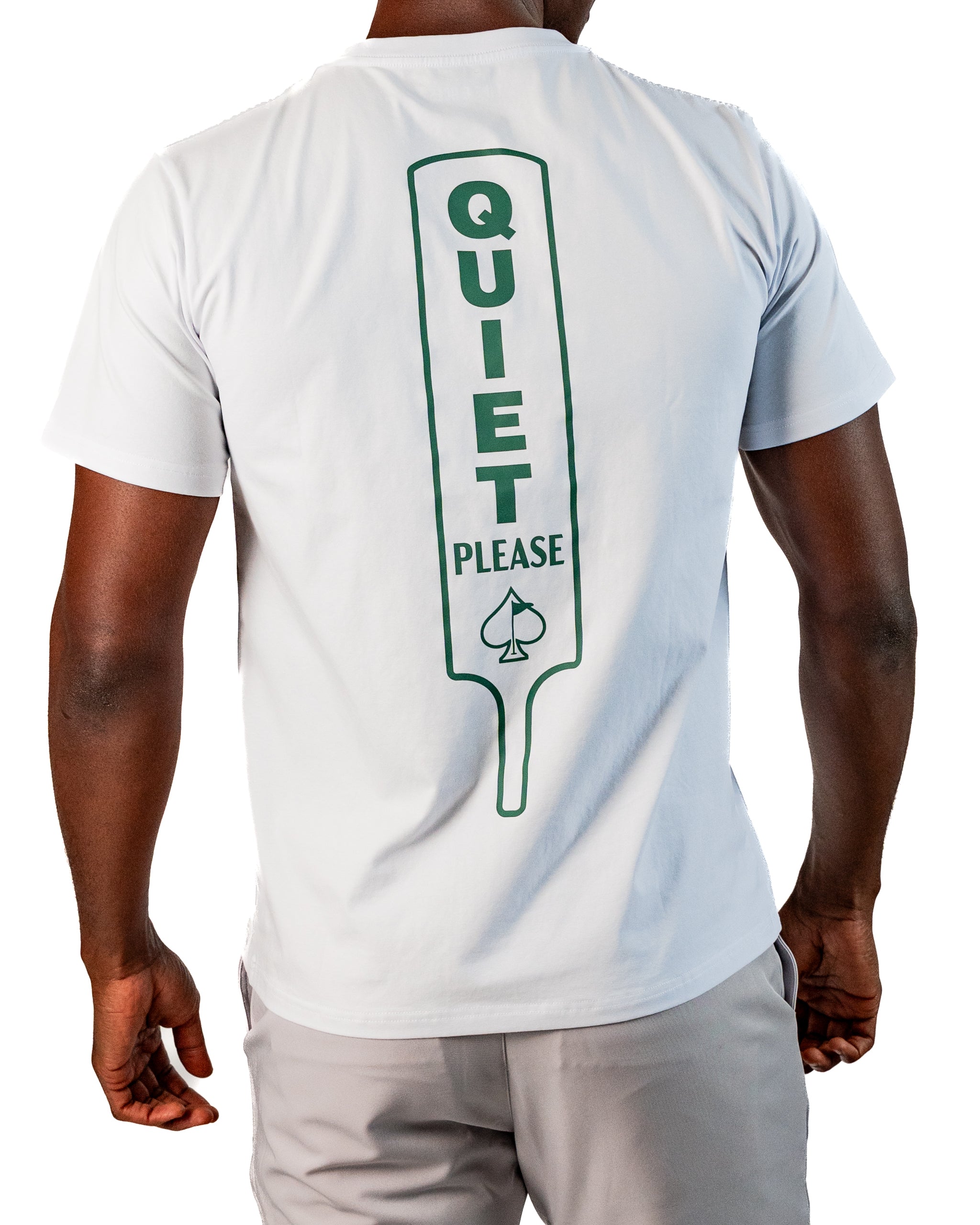Men's white tee shirt featuring a large green "Quiet Please" graphic on the back, ideal for golf enthusiasts.