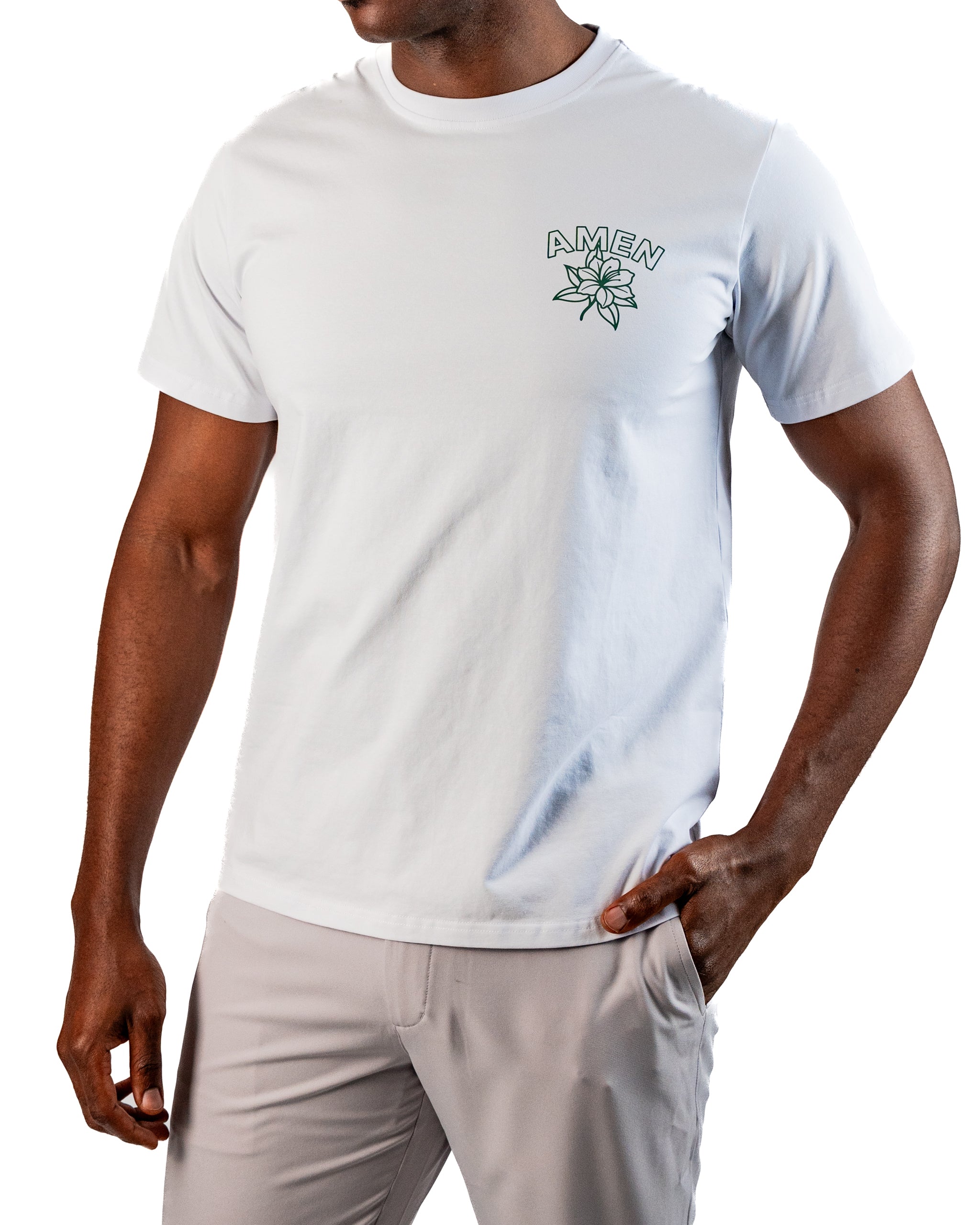 White tee shirt featuring "AMEN" text and floral design, perfect for golfers seeking a stylish and comfortable look on the course.