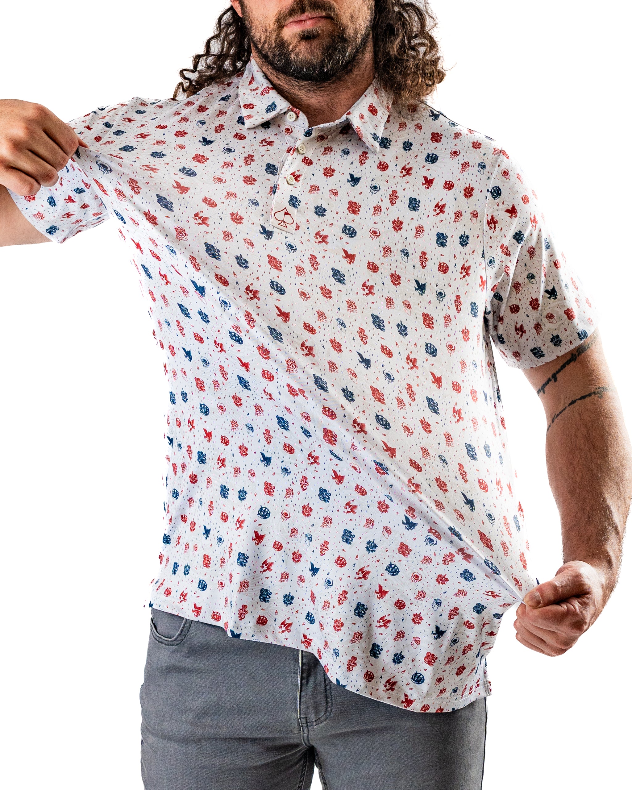 Men's American Traditional golf shirt featuring a colorful leaf and floral pattern, perfect for a bold style on the course.