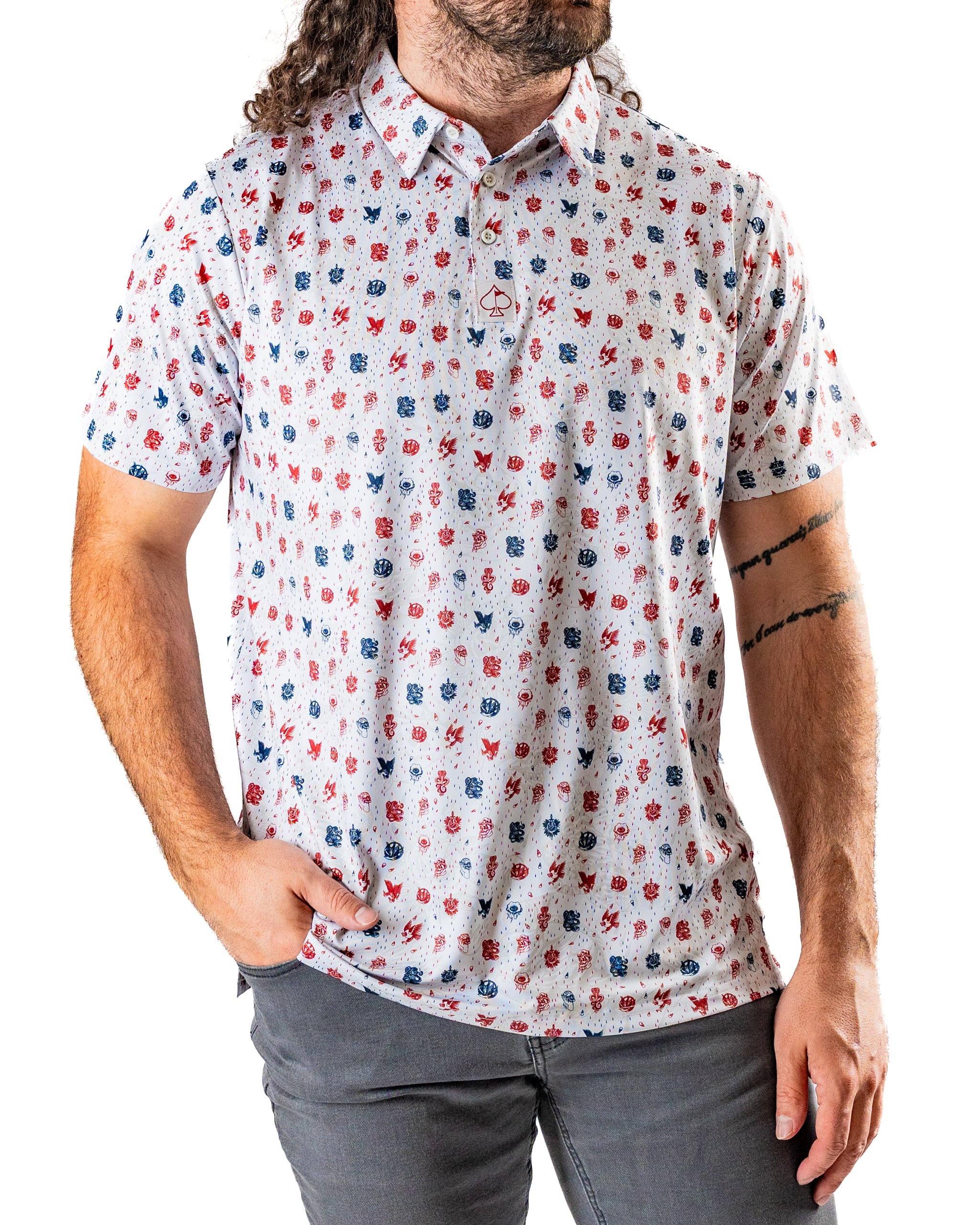 Men's short-sleeve golf shirt featuring an American traditional pattern with red, white, and blue designs.