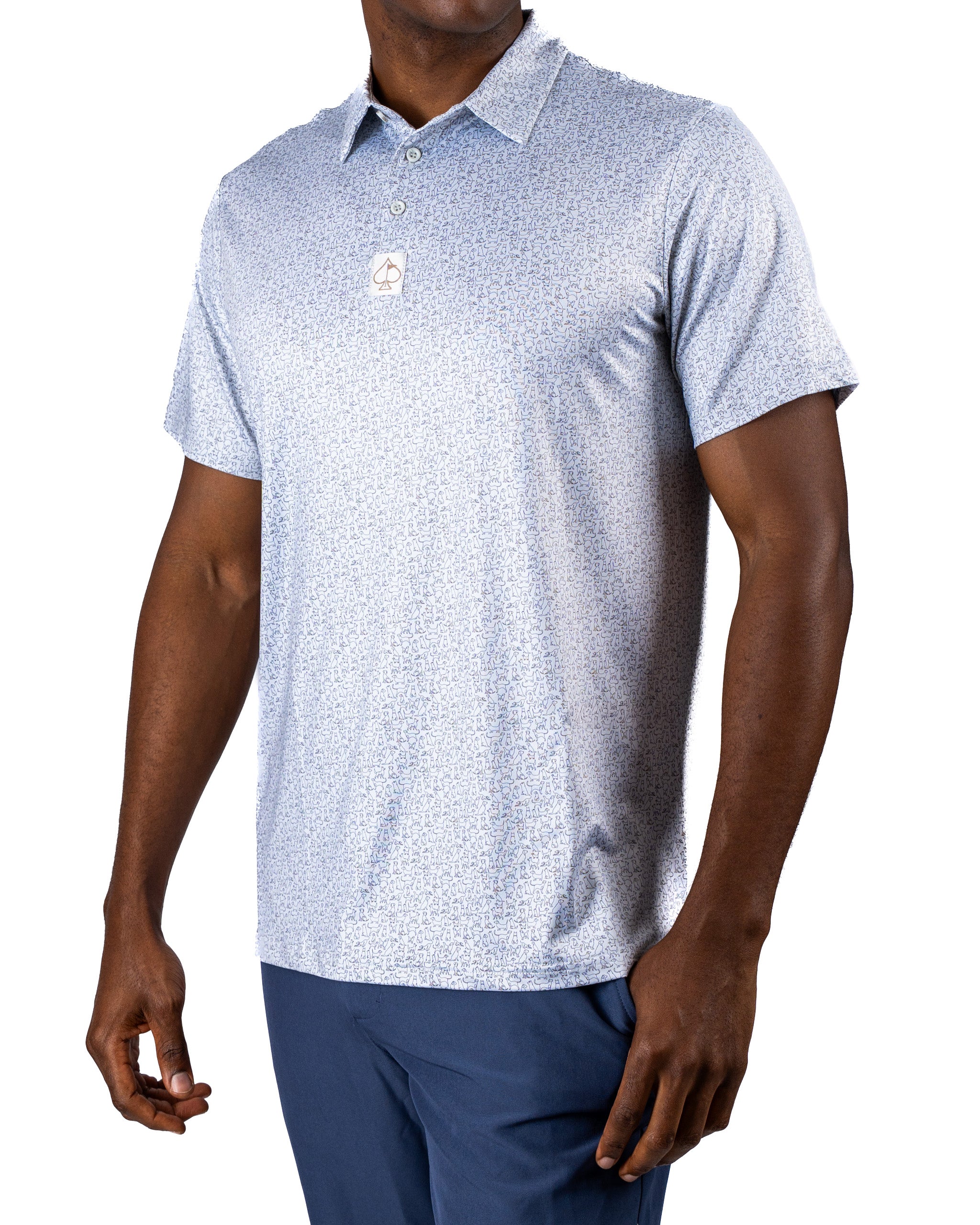 Men's light blue golf polo featuring a subtle pattern, designed for comfort and style on the course.