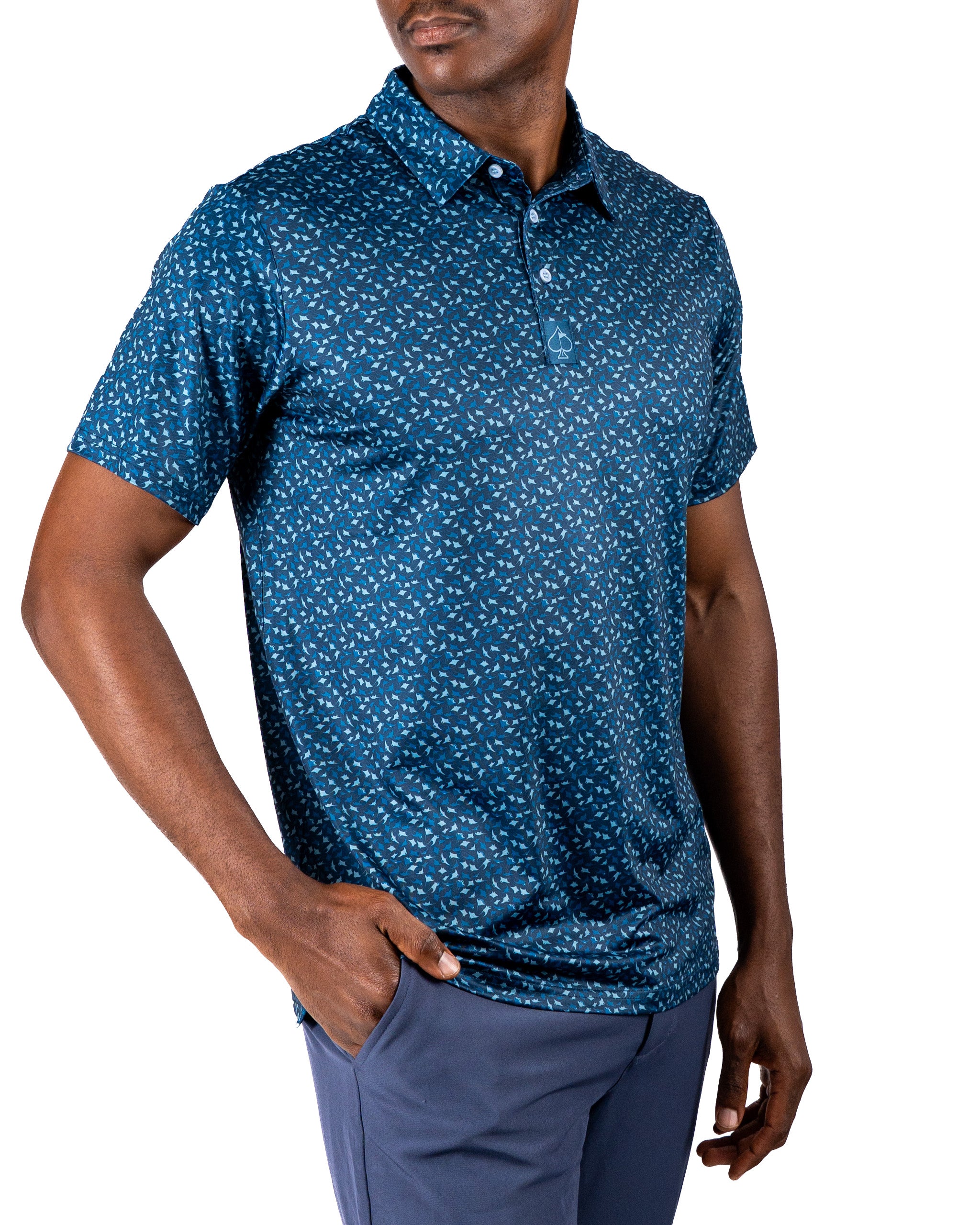 Men's Manta Ray golf polo in navy with a unique pattern, designed for style and comfort on the course.