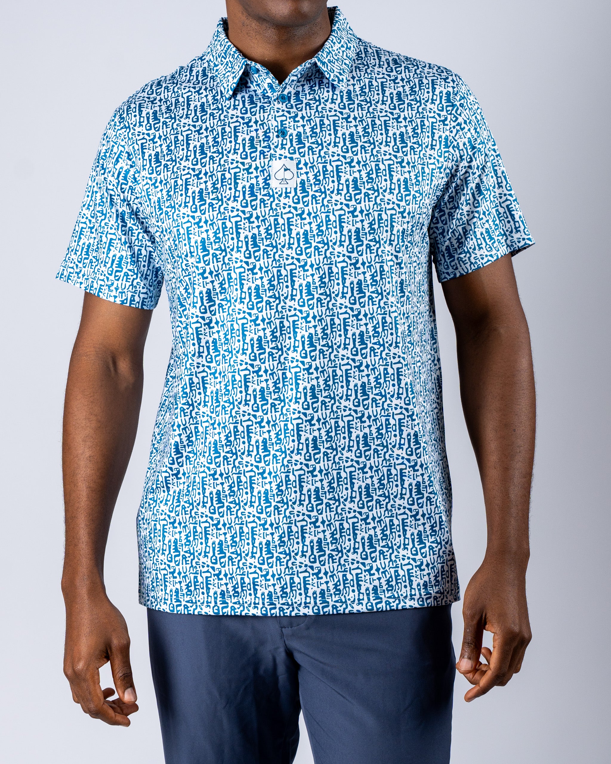 Men's short-sleeve golf shirt featuring a blue maze pattern, designed for a bold and stylish look on the course.