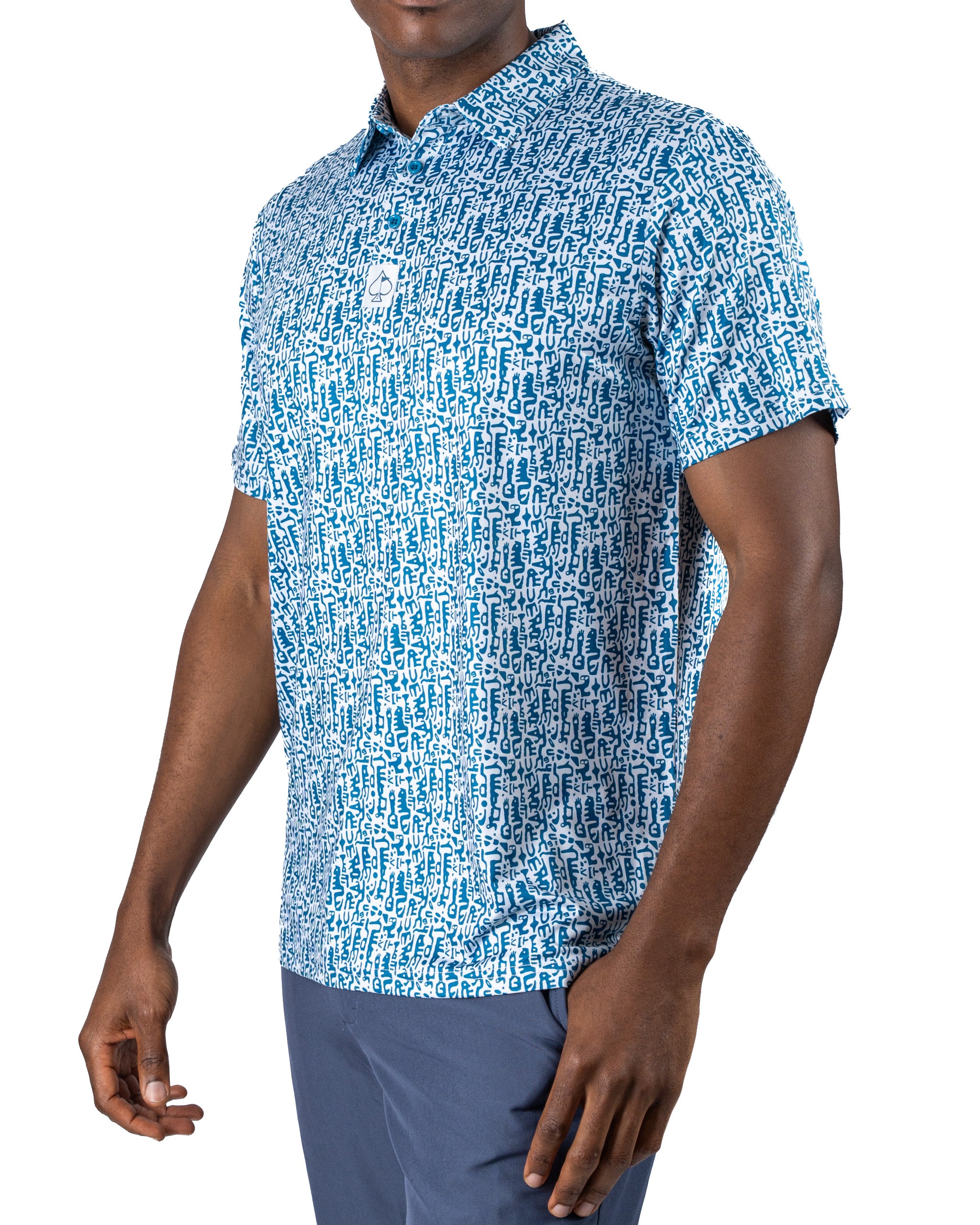 Men's short-sleeve golf shirt featuring a bold blue maze pattern, perfect for stylish performance on the course.