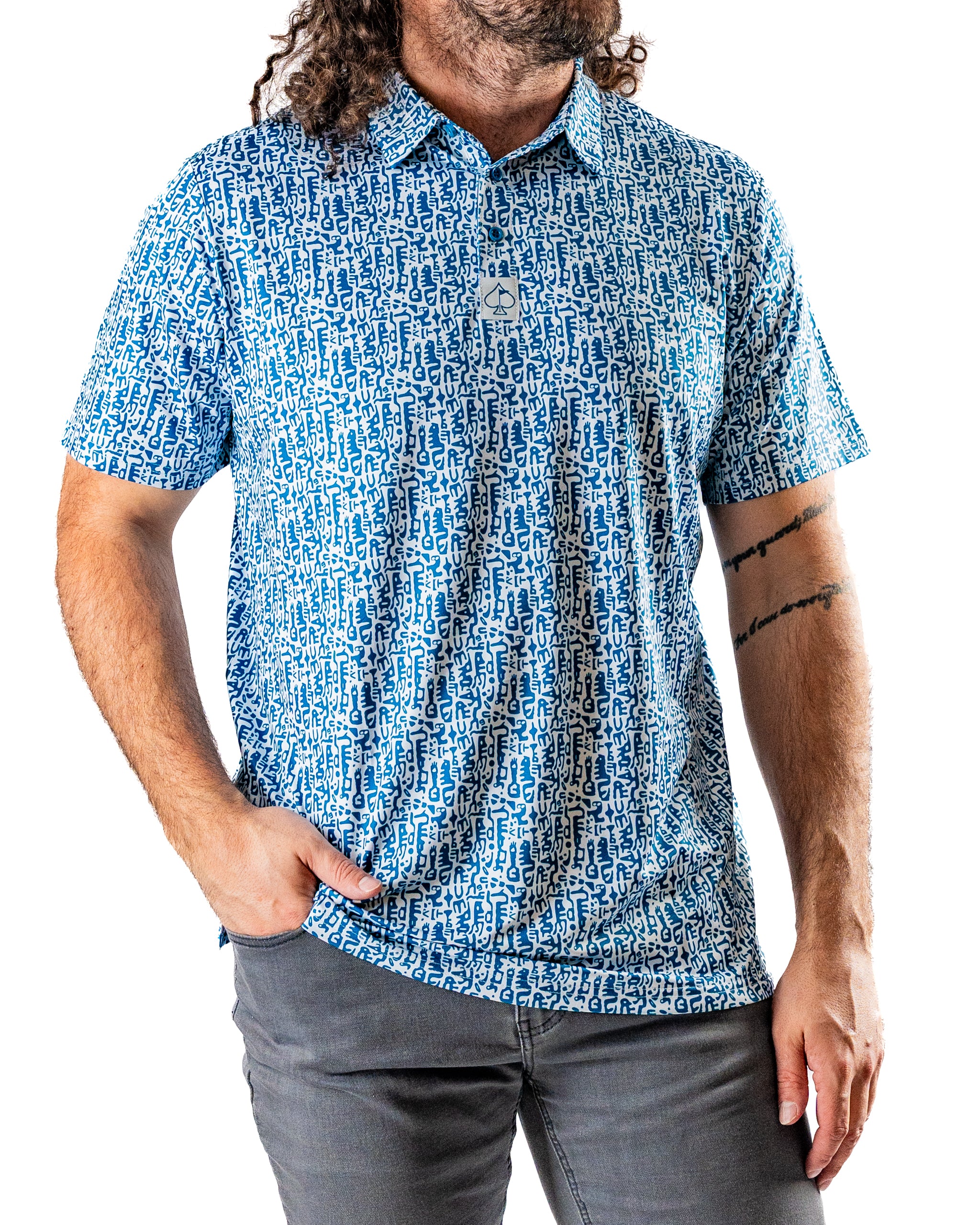 Men's Maze Craze golf shirt featuring a bold blue maze pattern, perfect for golfers seeking unique style on the course.