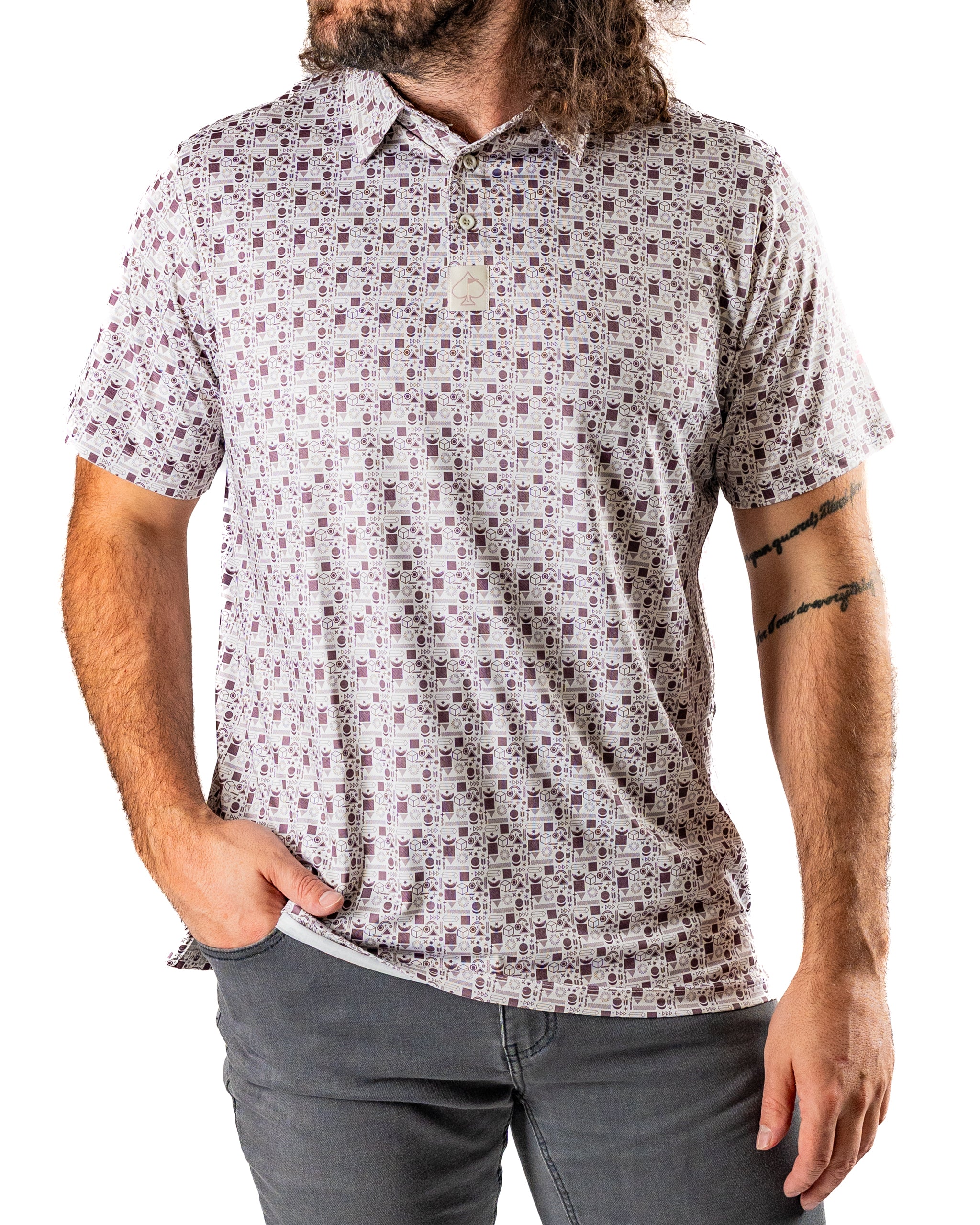 Men's retro-pattern golf polo shirt featuring a stylish design and comfortable fit, perfect for standing out on the course.