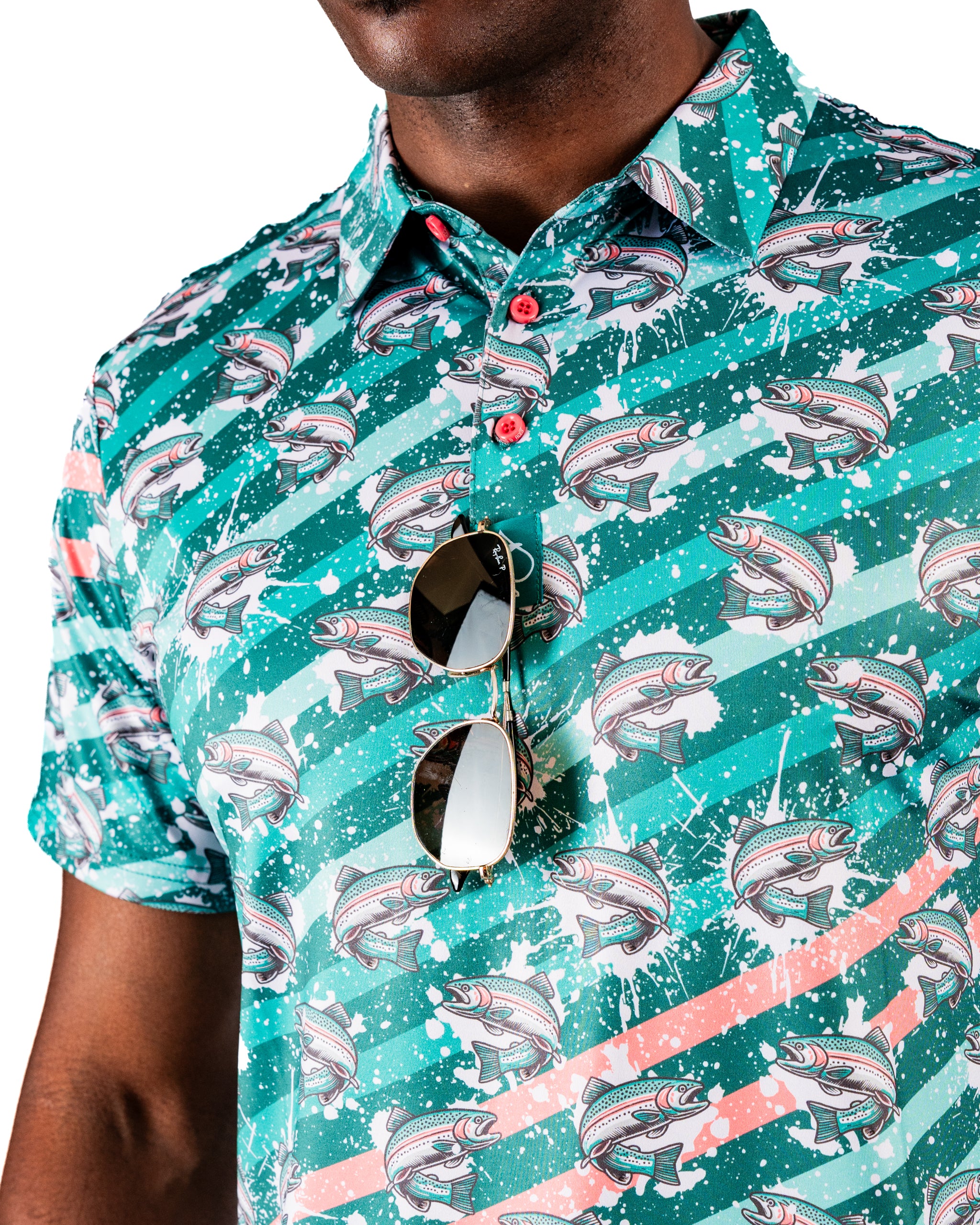 Bold golf shirt featuring a Trout Splatter design with colorful fish patterns and splashes, perfect for standout style on the course.